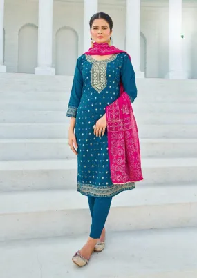 Glamorous Teal Blue Color Rayon Kurti With Foil Print And Dupatta Sets For Women