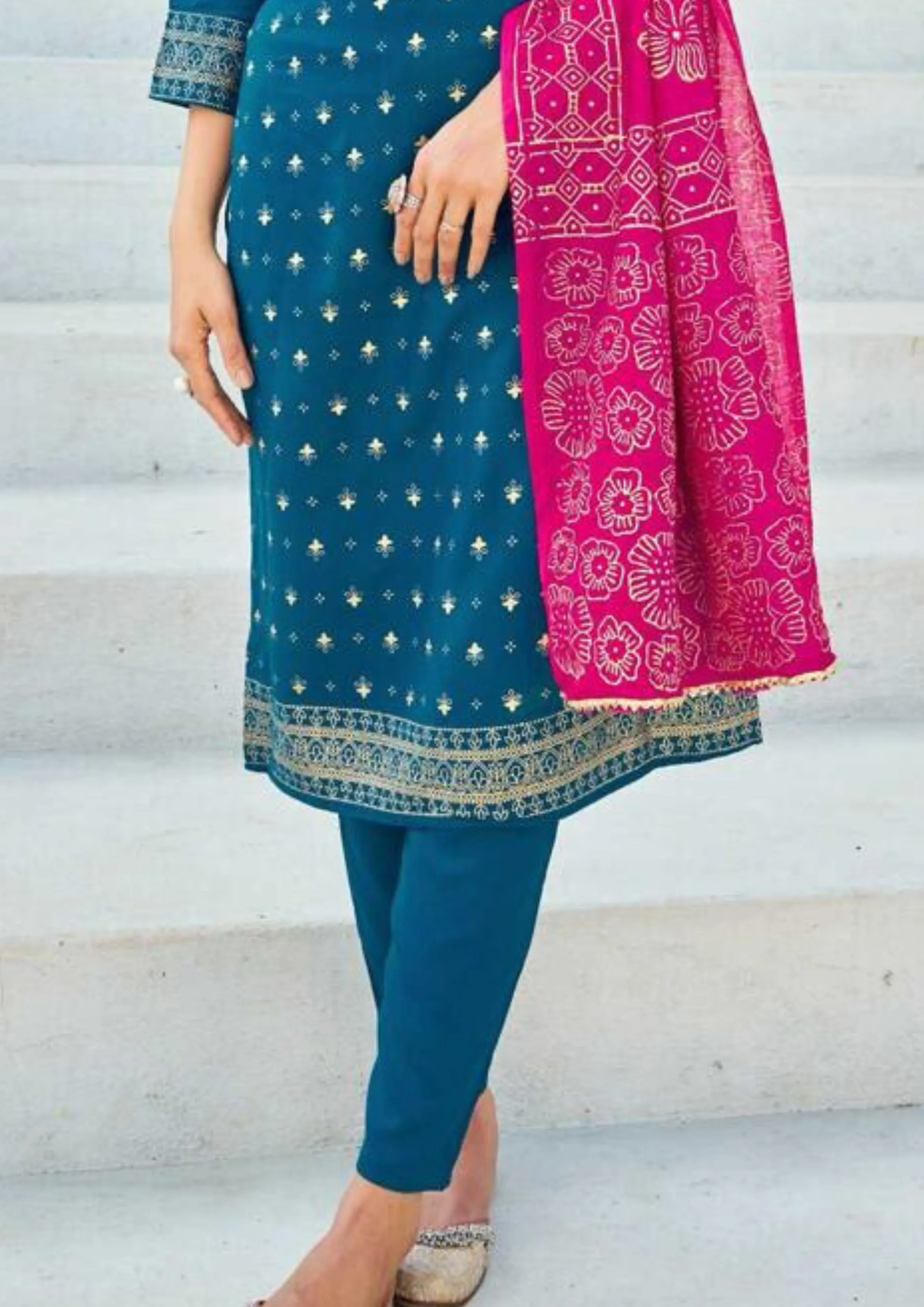 Glamorous Teal Blue Color Rayon Kurti With Foil Print And Dupatta Sets For Women