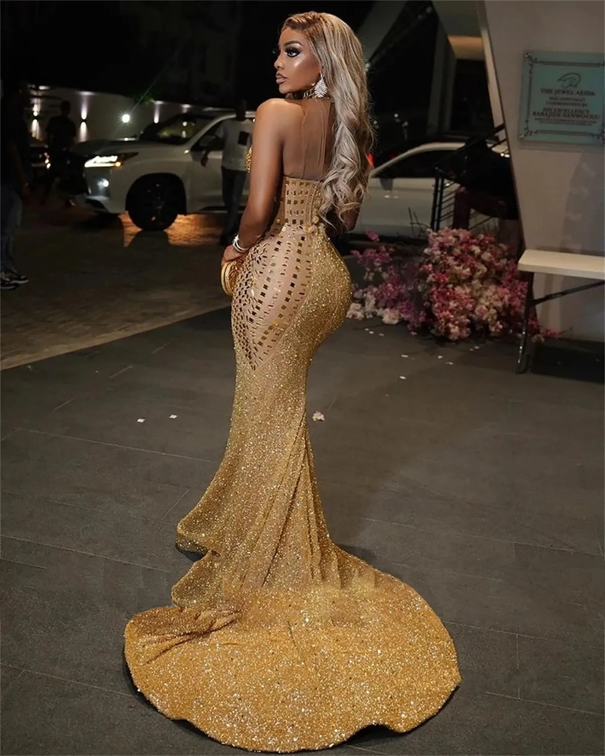 Gold African American Prom Dresses Mermaid Sweetheart Sequins Crystals Black Girls Nigeria Robe De Soiree Evening Dresses Gown