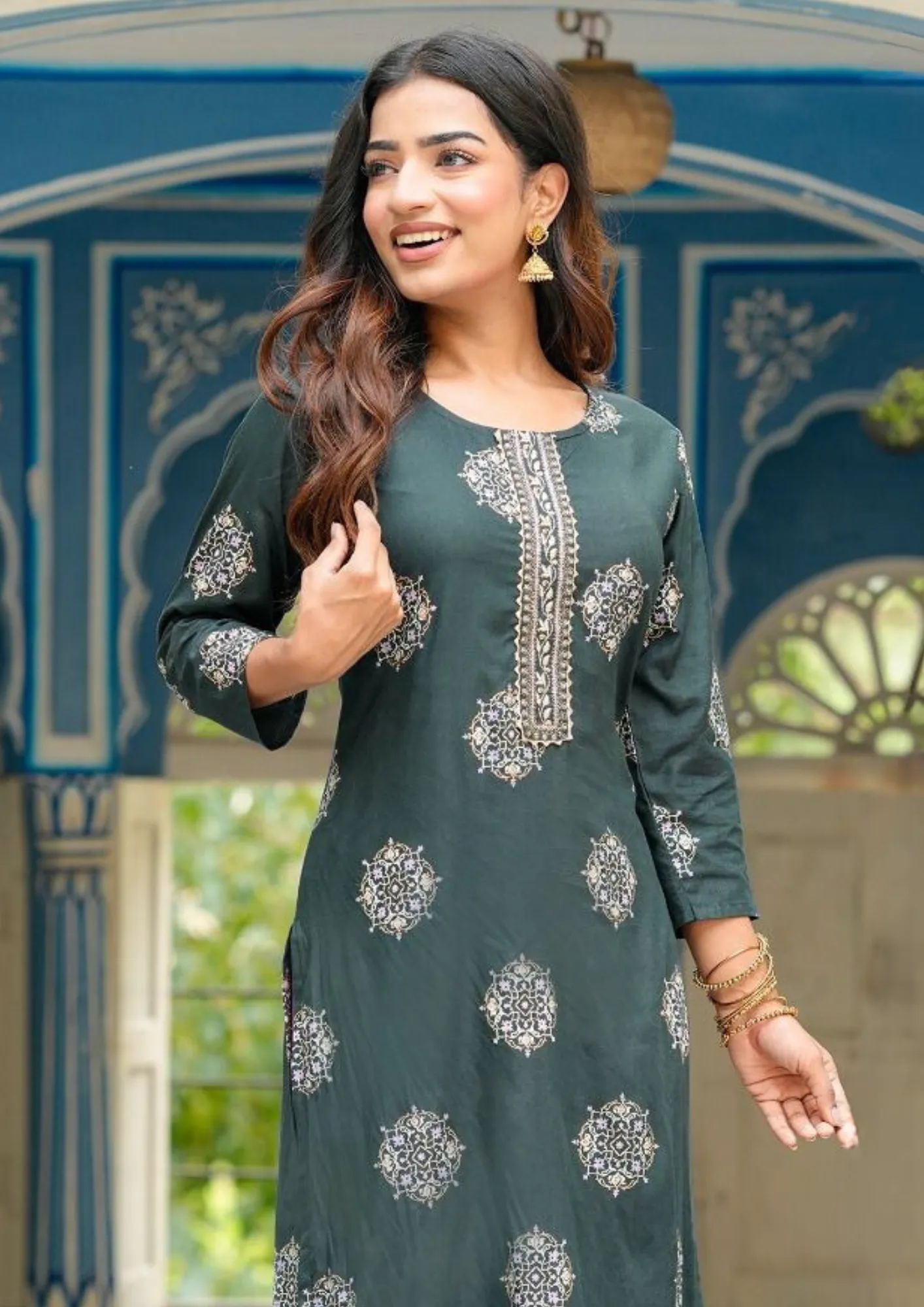 Gorgeous Green Color Rayon Kurti With Fancy Embroidery Work