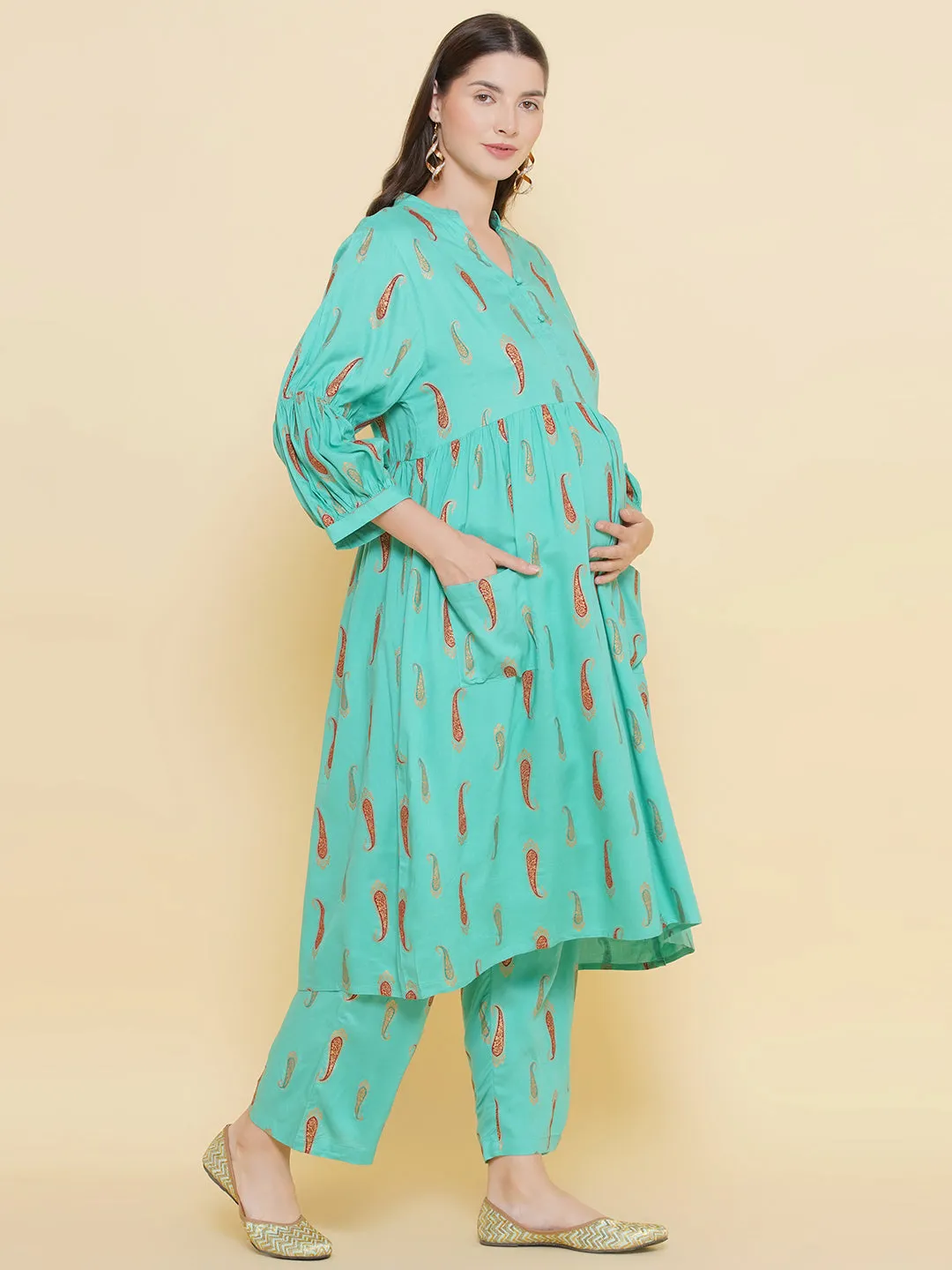 Green Color Shirt Collar Maternity & Nursing Kurta Set