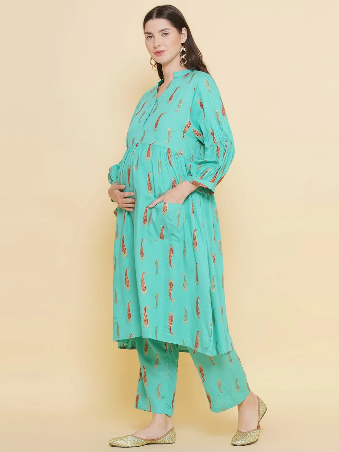 Green Color Shirt Collar Maternity & Nursing Kurta Set