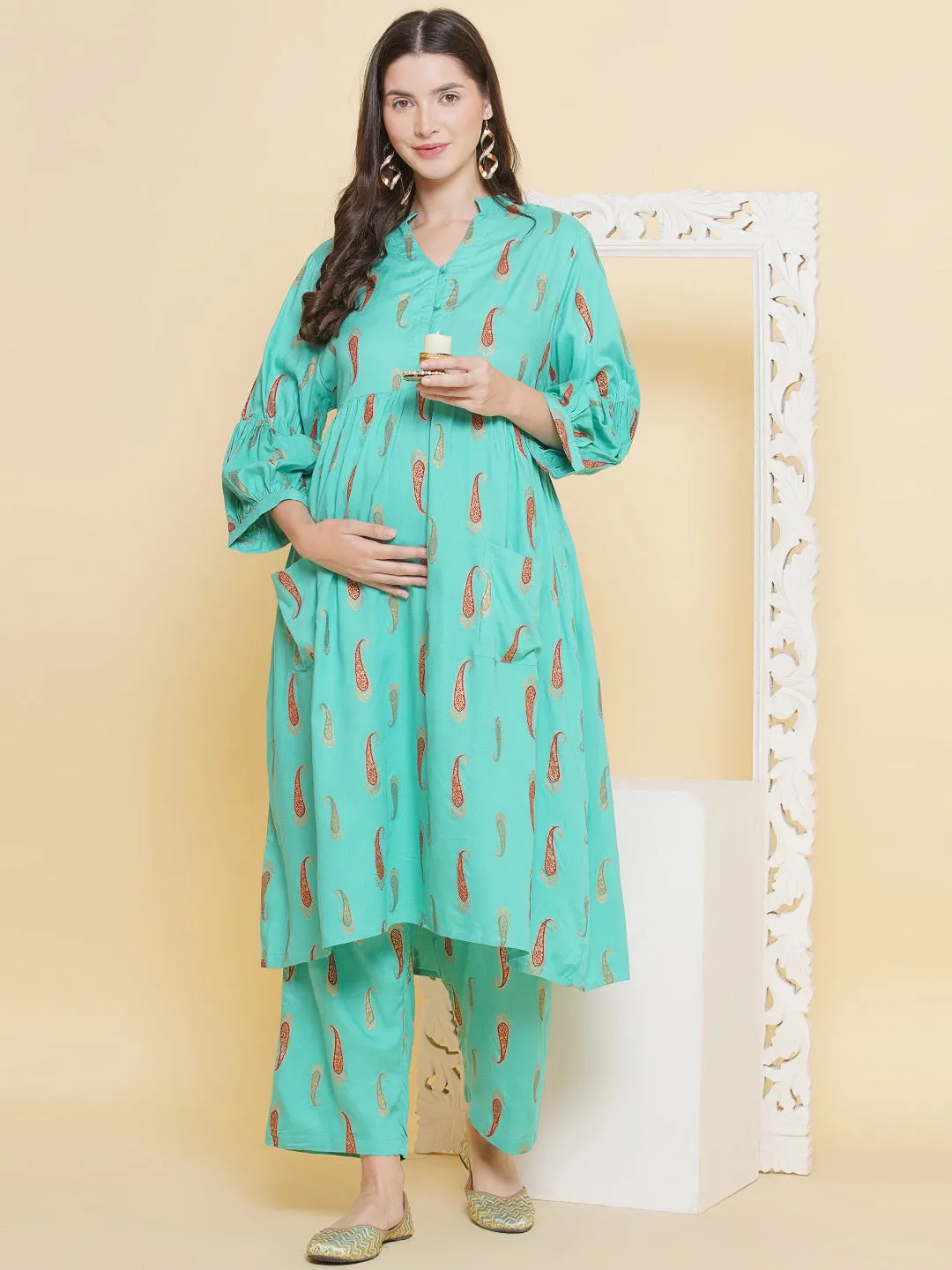 Green Color Shirt Collar Maternity & Nursing Kurta Set