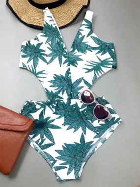 Green Leaf Printed One-piece Swimsuit