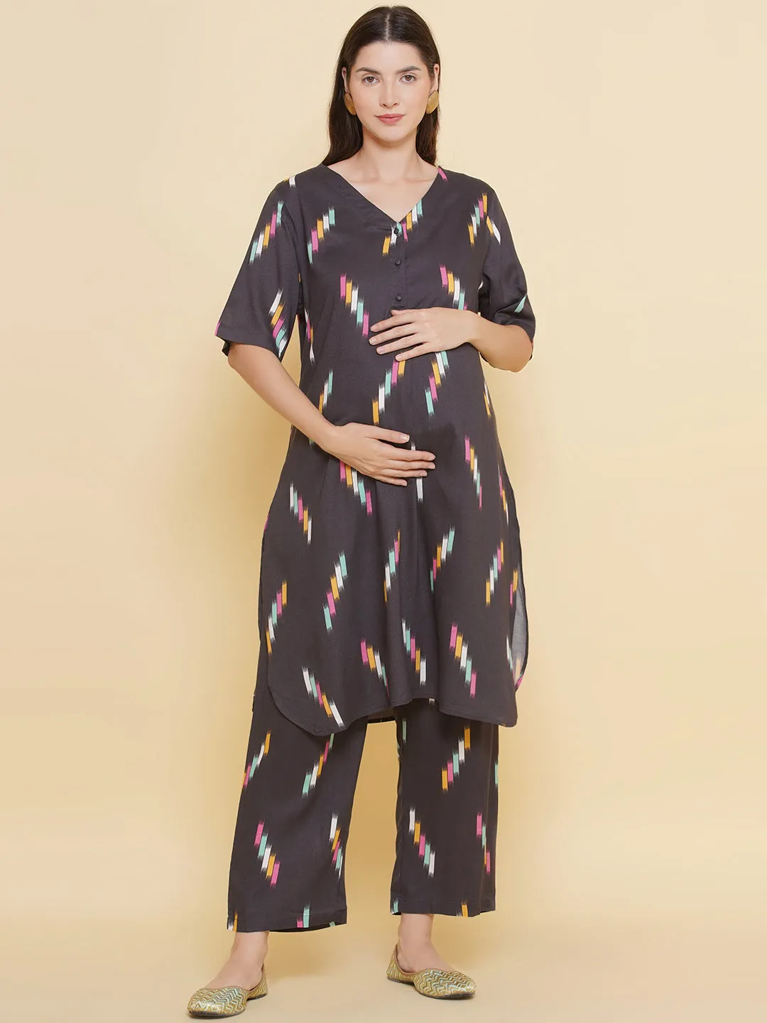 Grey Printed Maternity & Nursing Kurta Set