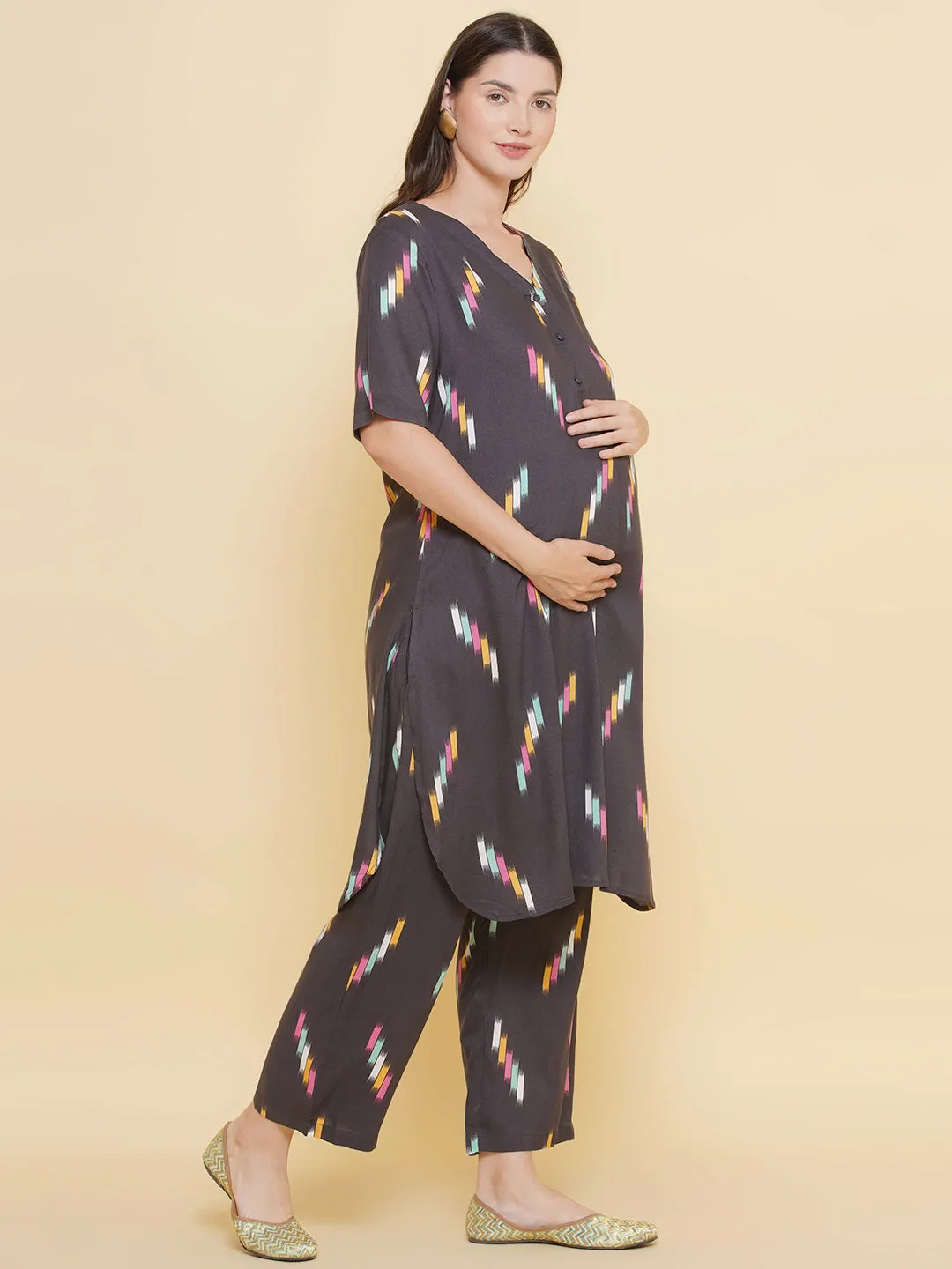 Grey Printed Maternity & Nursing Kurta Set