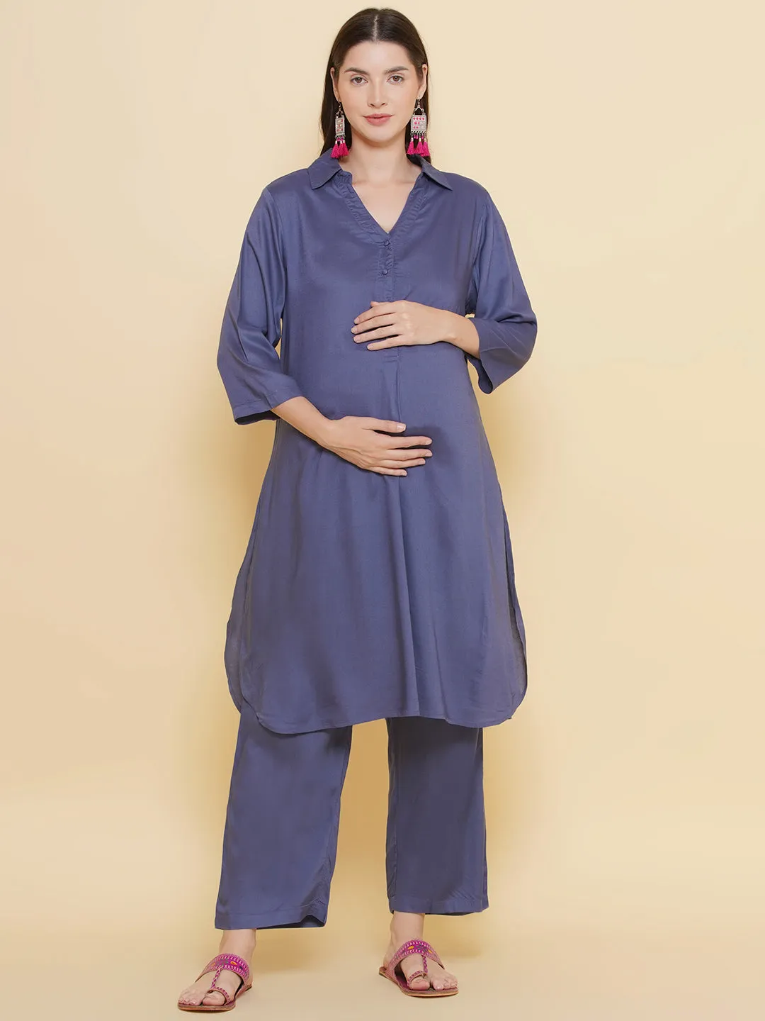 Grey Shirt Collar Maternity & Nursing Kurta Set