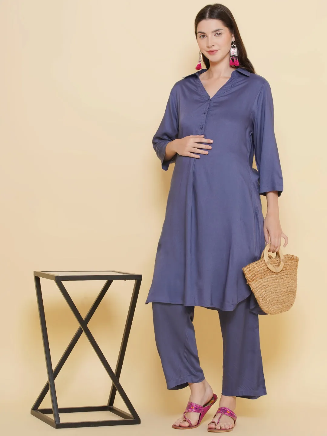 Grey Shirt Collar Maternity & Nursing Kurta Set