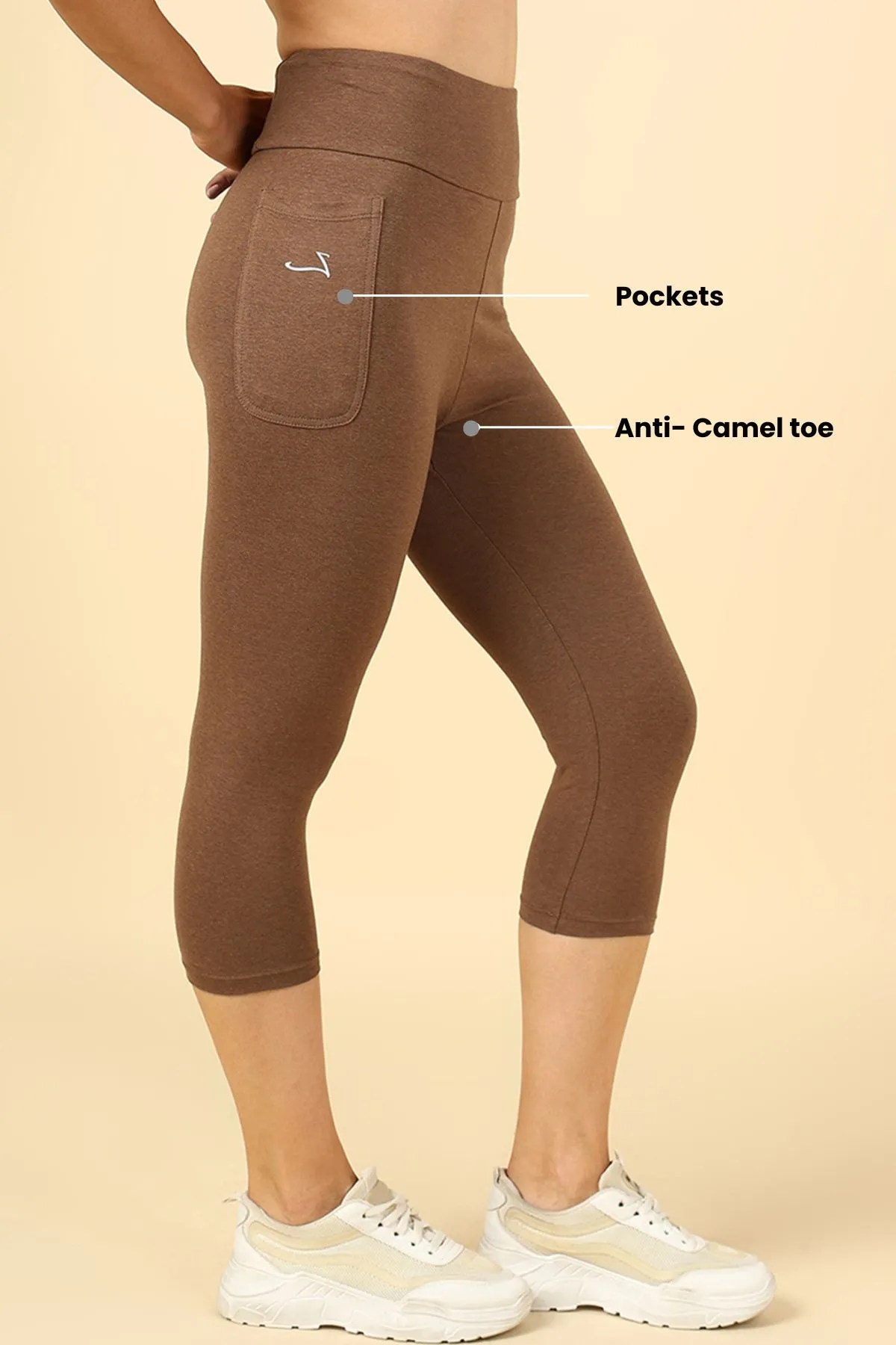 High Waist Melange Brown Mom Capri