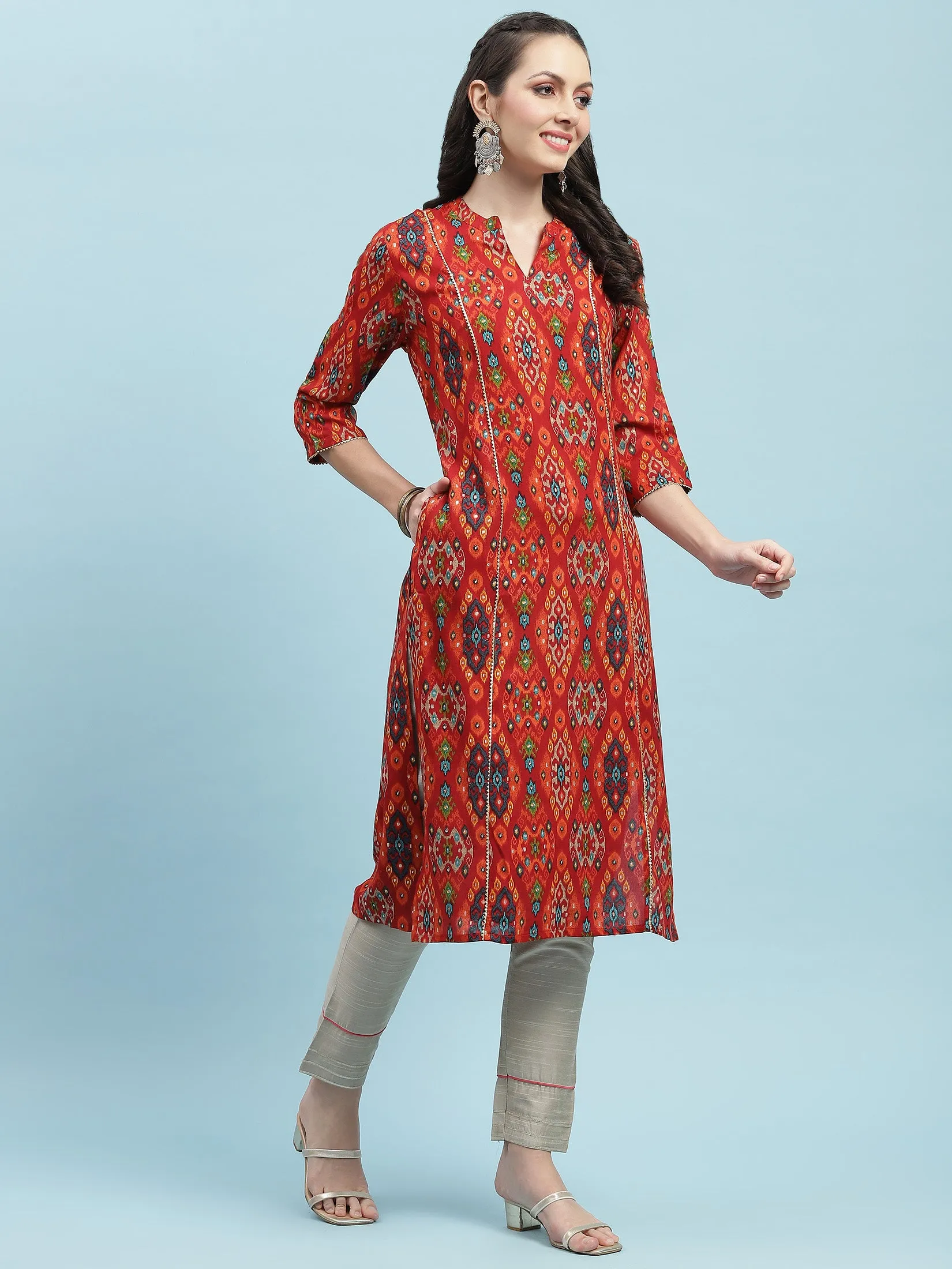 Indiessence Red Aztec Printed Kurta