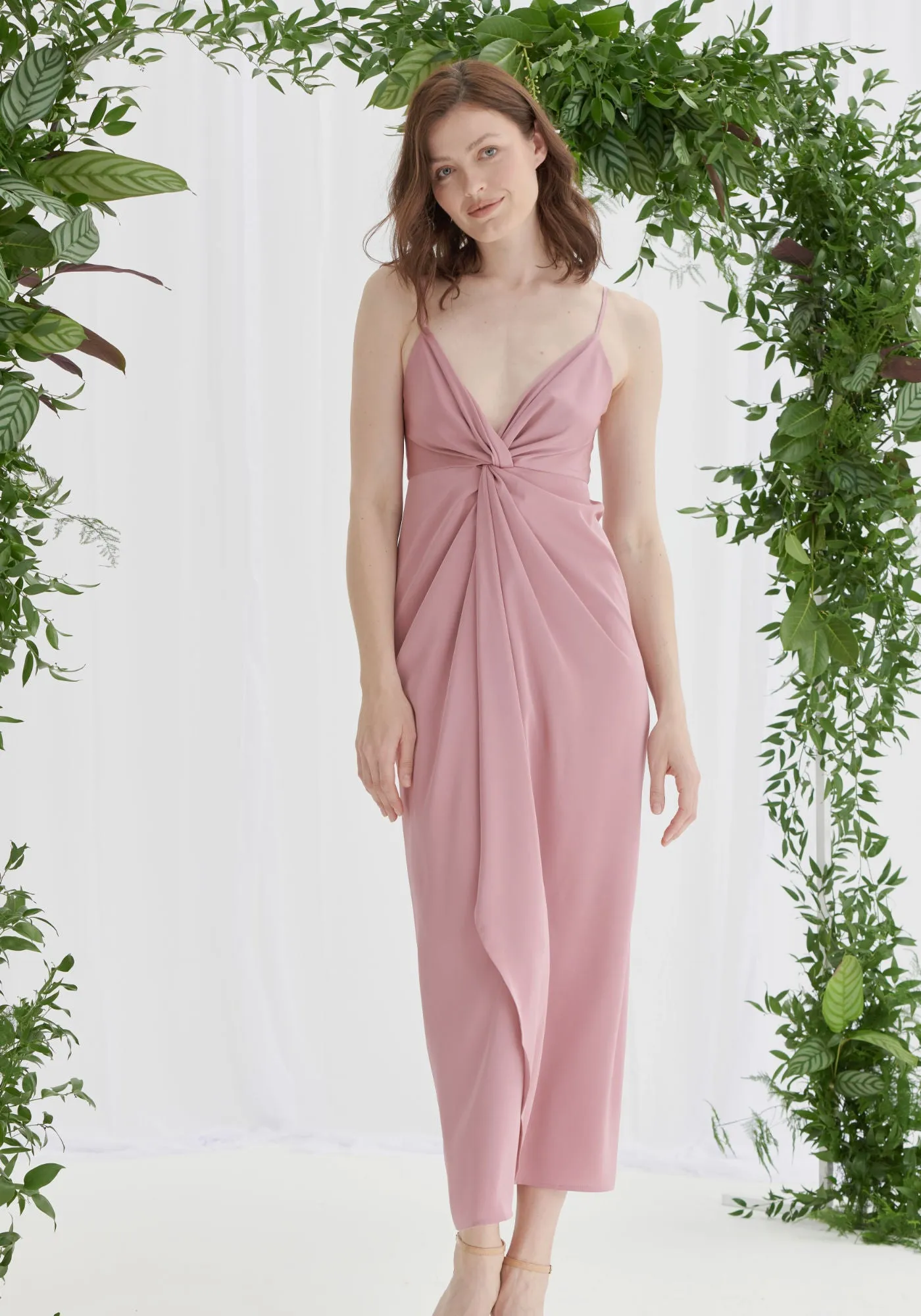 Janette Twist Front Satin Dress - Dusky Pink