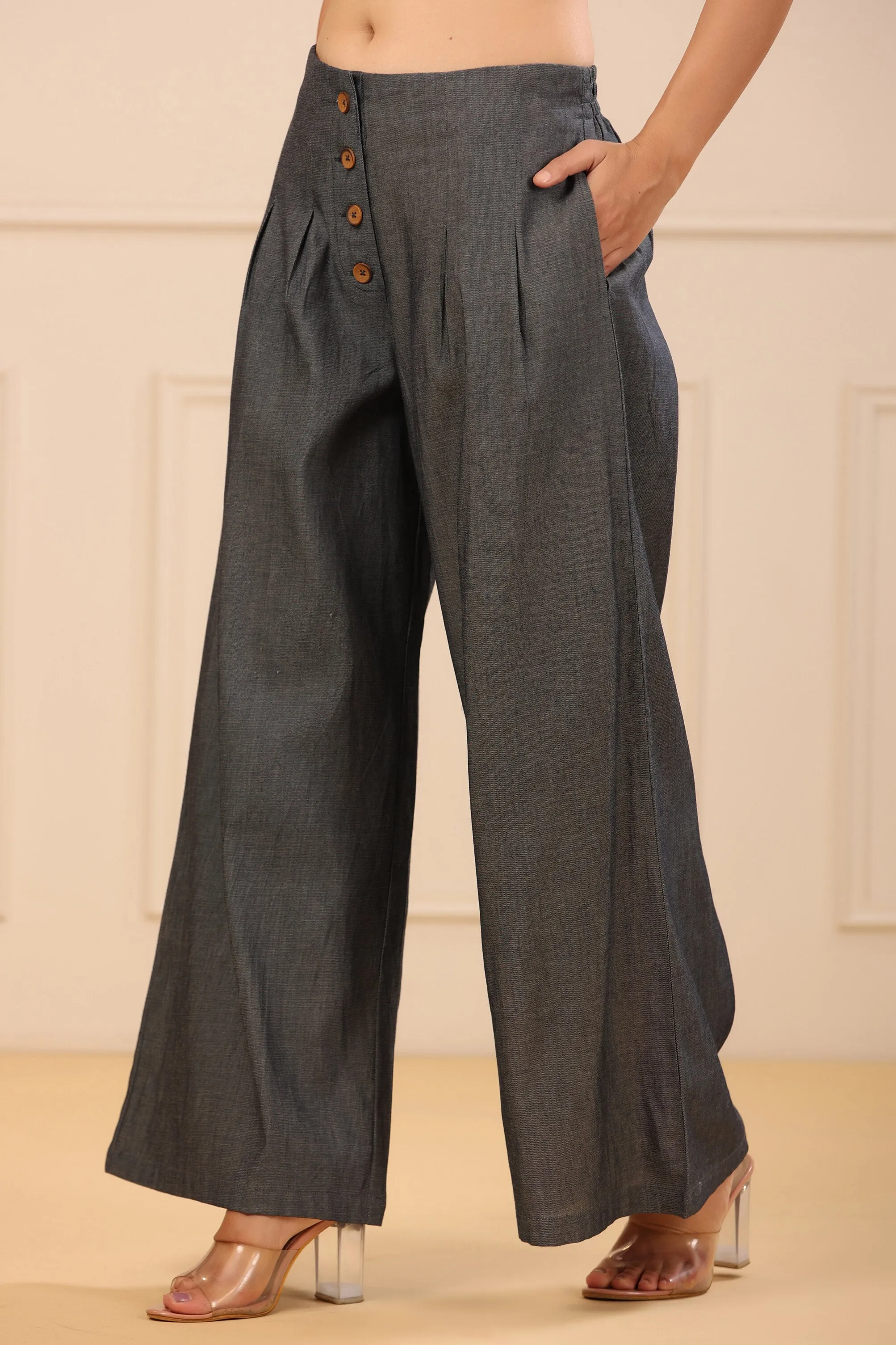 Juniper Grey Solid Denim Flared Palazzos with a Button Closure & Partially Elasticated Waistband