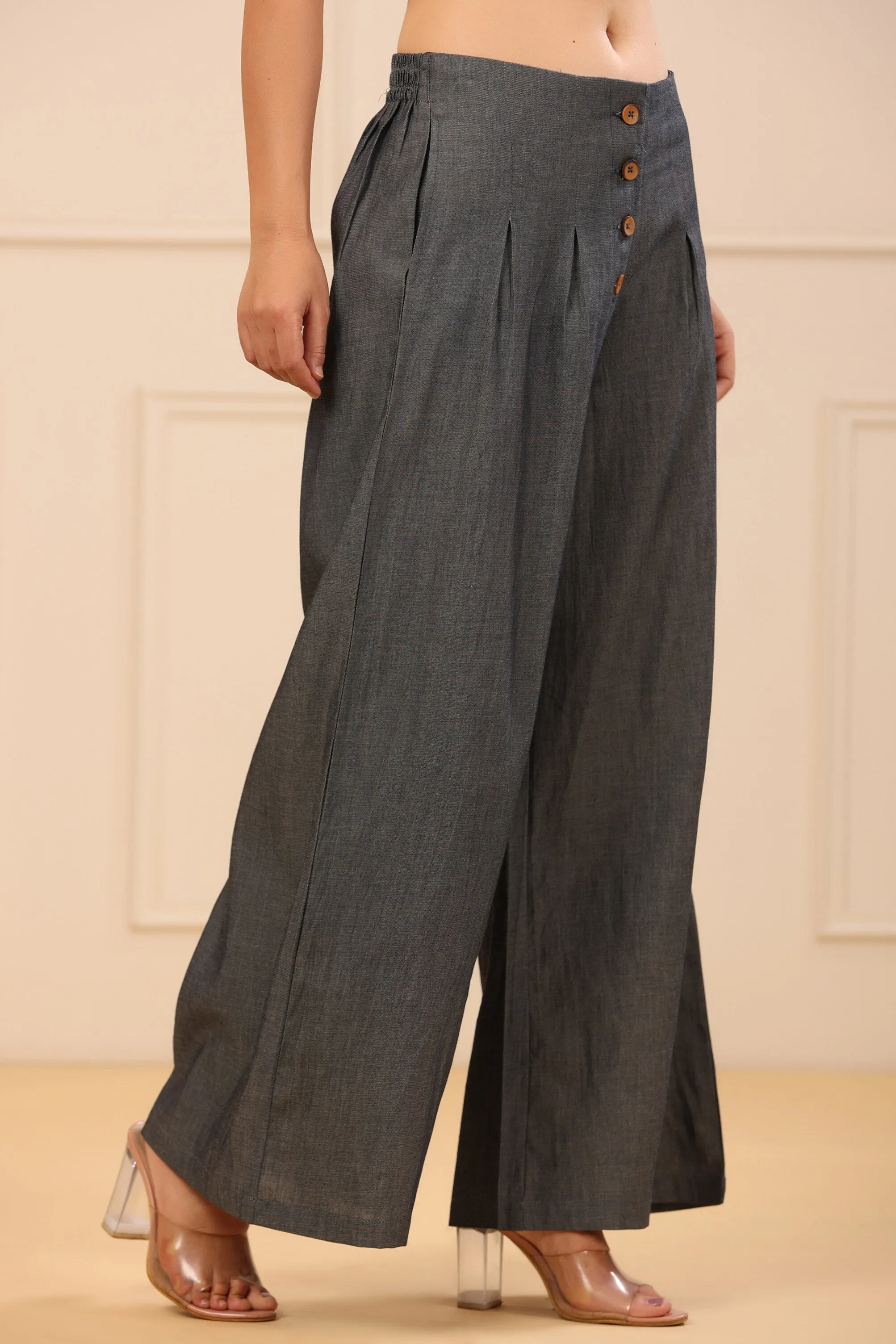 Juniper Grey Solid Denim Flared Palazzos with a Button Closure & Partially Elasticated Waistband