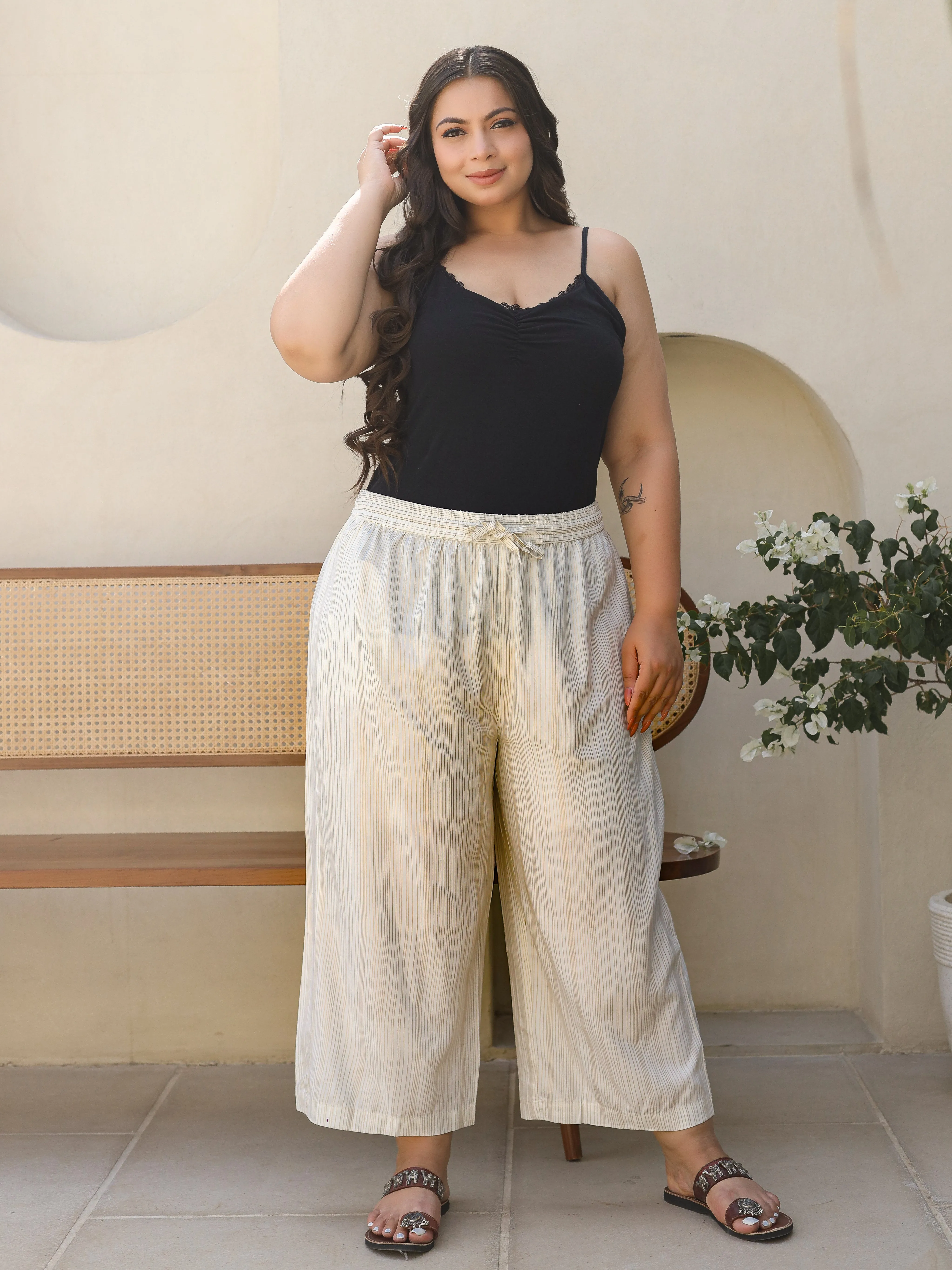 Juniper Ivory Stripped Modal Rayon Women Plus Size Pants With Single Side Pockets & Drawstring