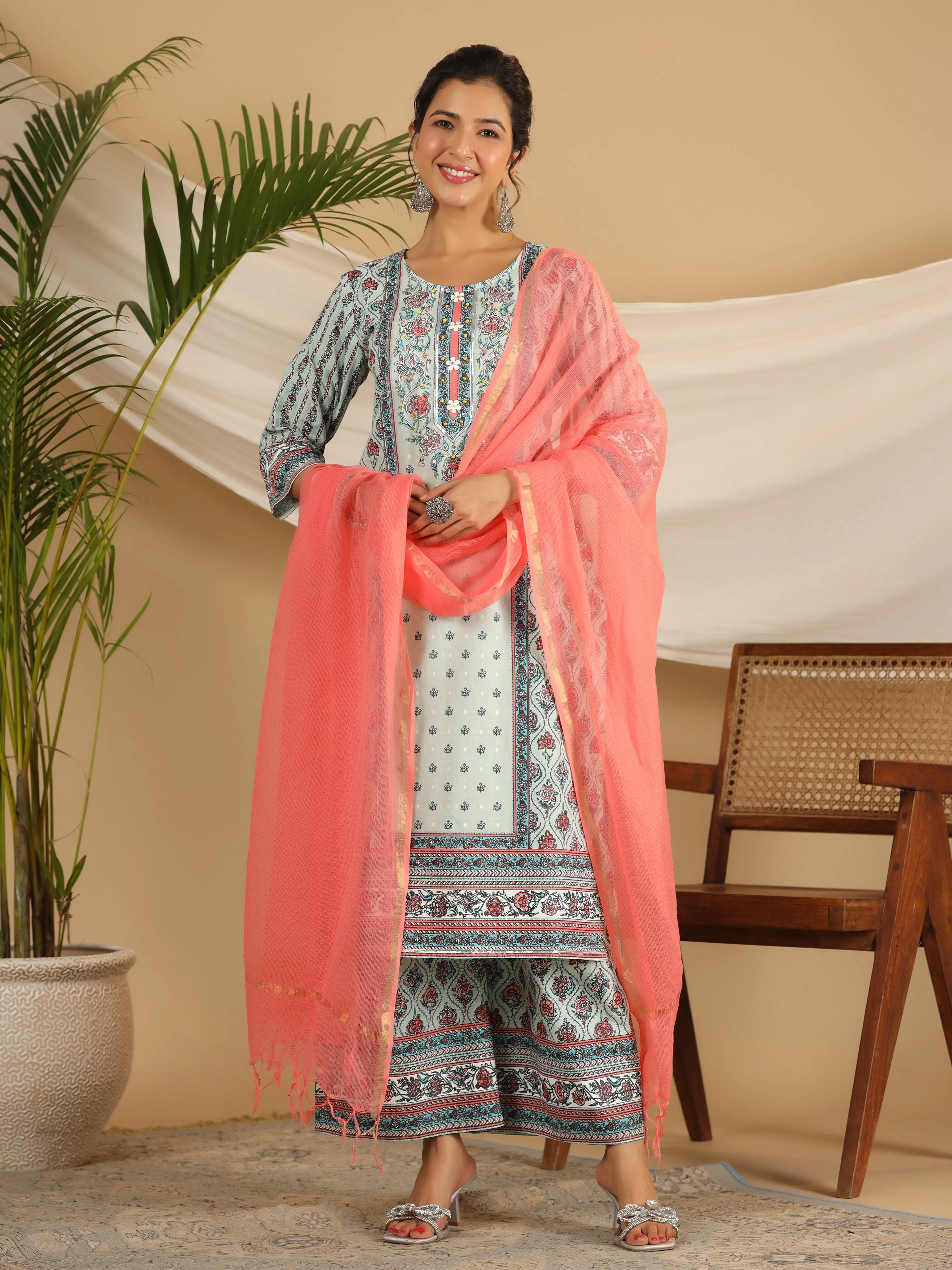 Juniper Mint Ethnic Motif Printed Pure Cotton Kurta Palazzos & Kota Doria Dupatta With Beads & Sequins