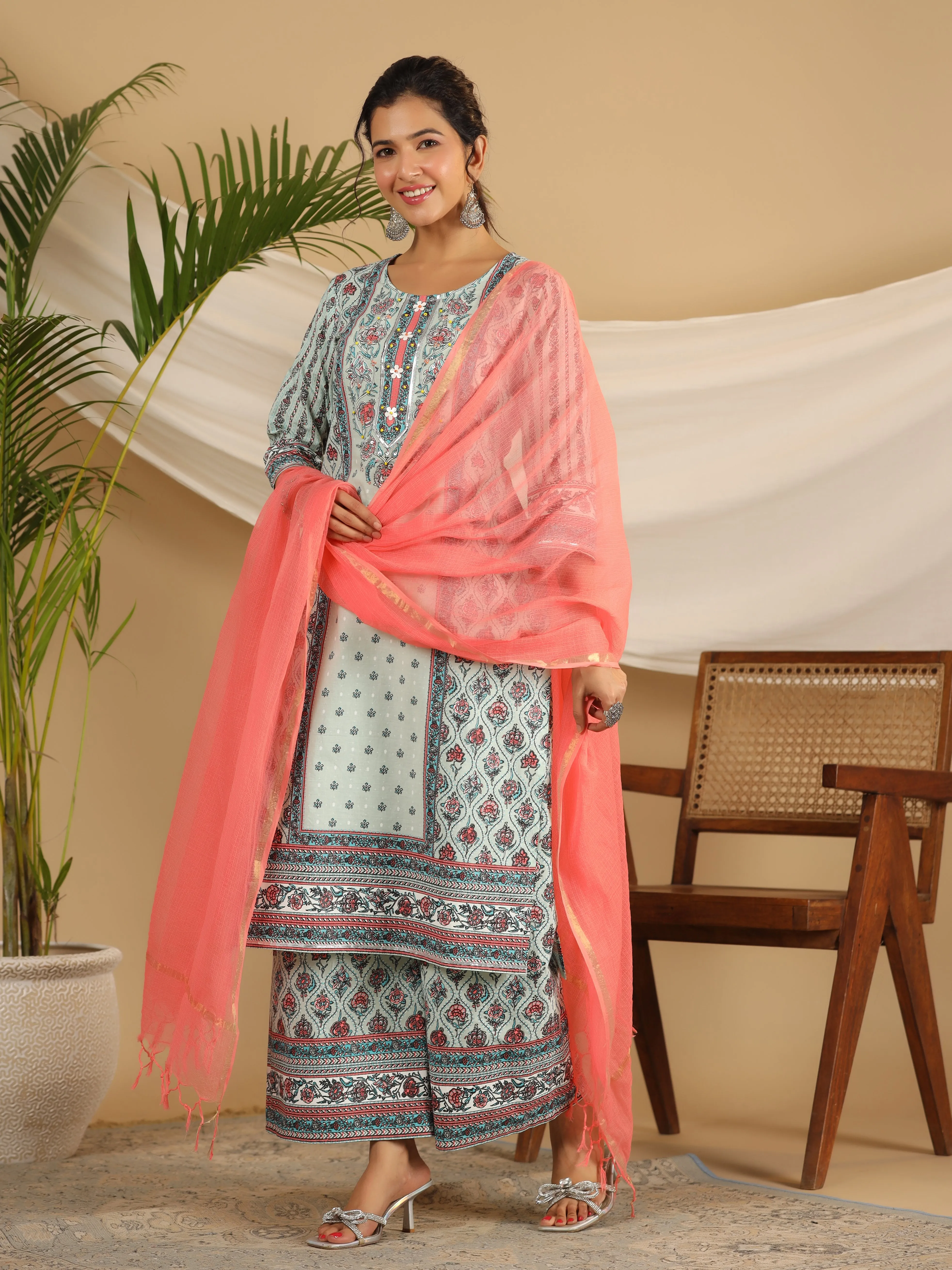 Juniper Mint Ethnic Motif Printed Pure Cotton Kurta Palazzos & Kota Doria Dupatta With Beads & Sequins