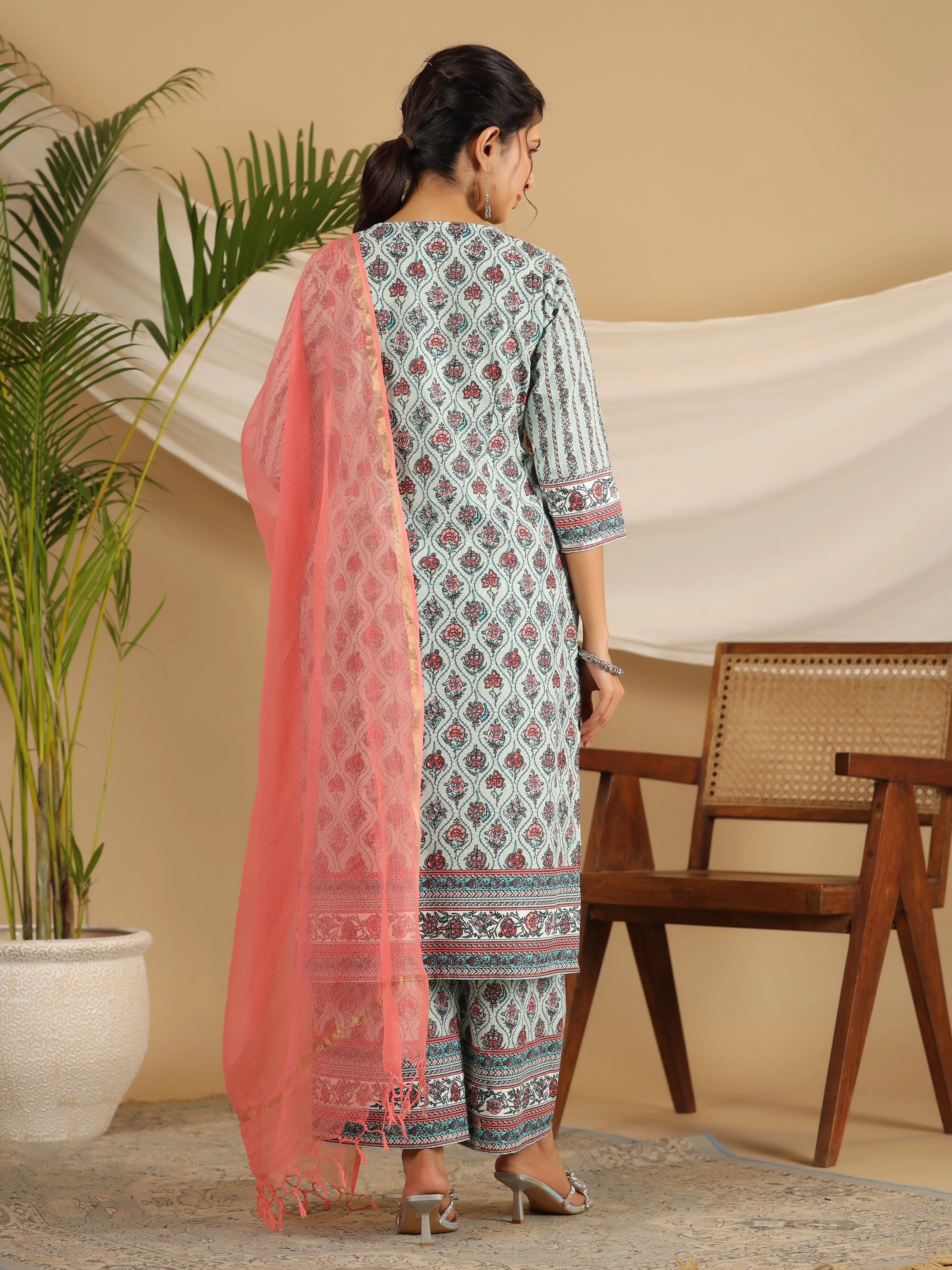 Juniper Mint Ethnic Motif Printed Pure Cotton Kurta Palazzos & Kota Doria Dupatta With Beads & Sequins