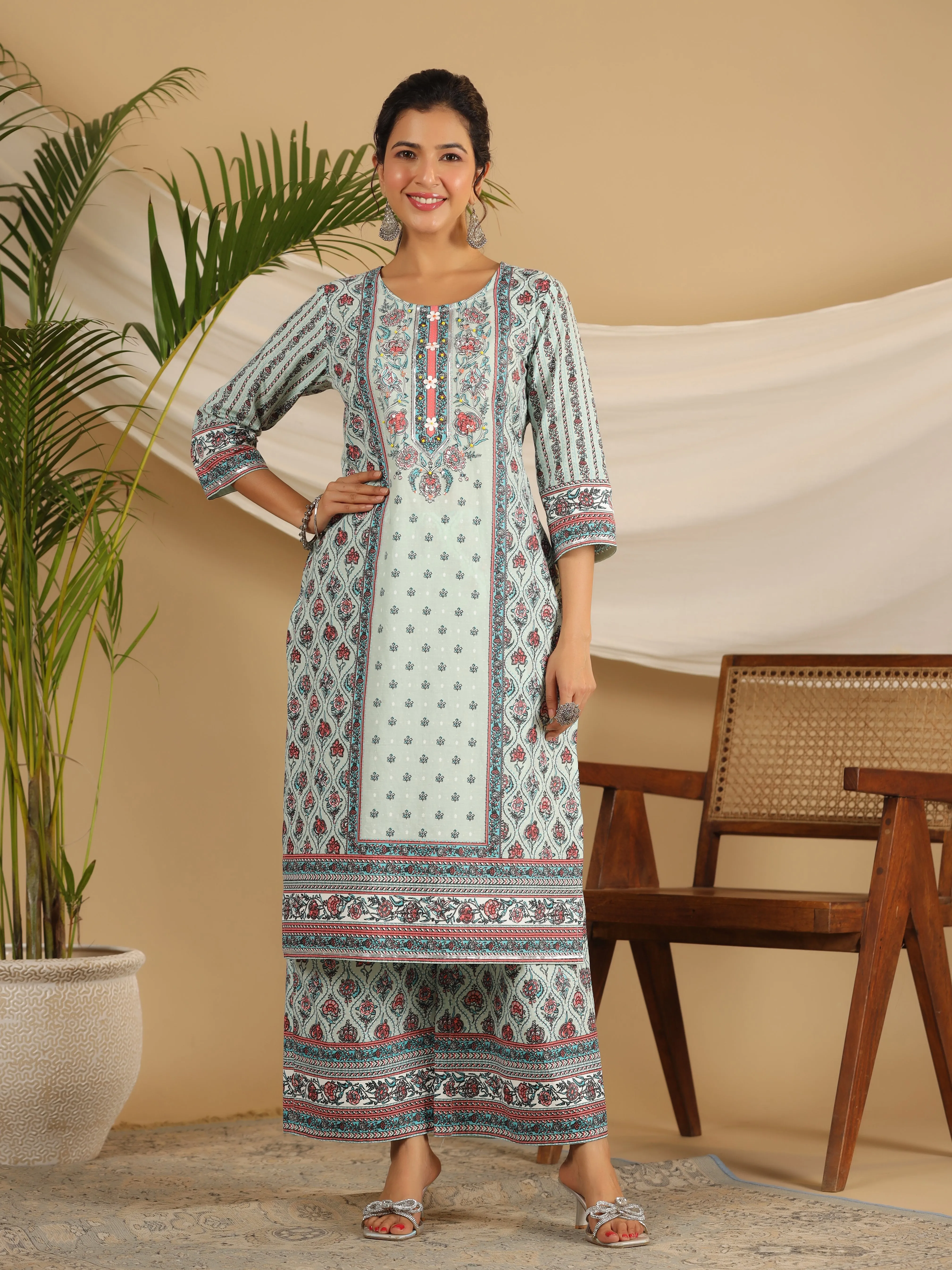 Juniper Mint Ethnic Motif Printed Pure Cotton Kurta Palazzos & Kota Doria Dupatta With Beads & Sequins