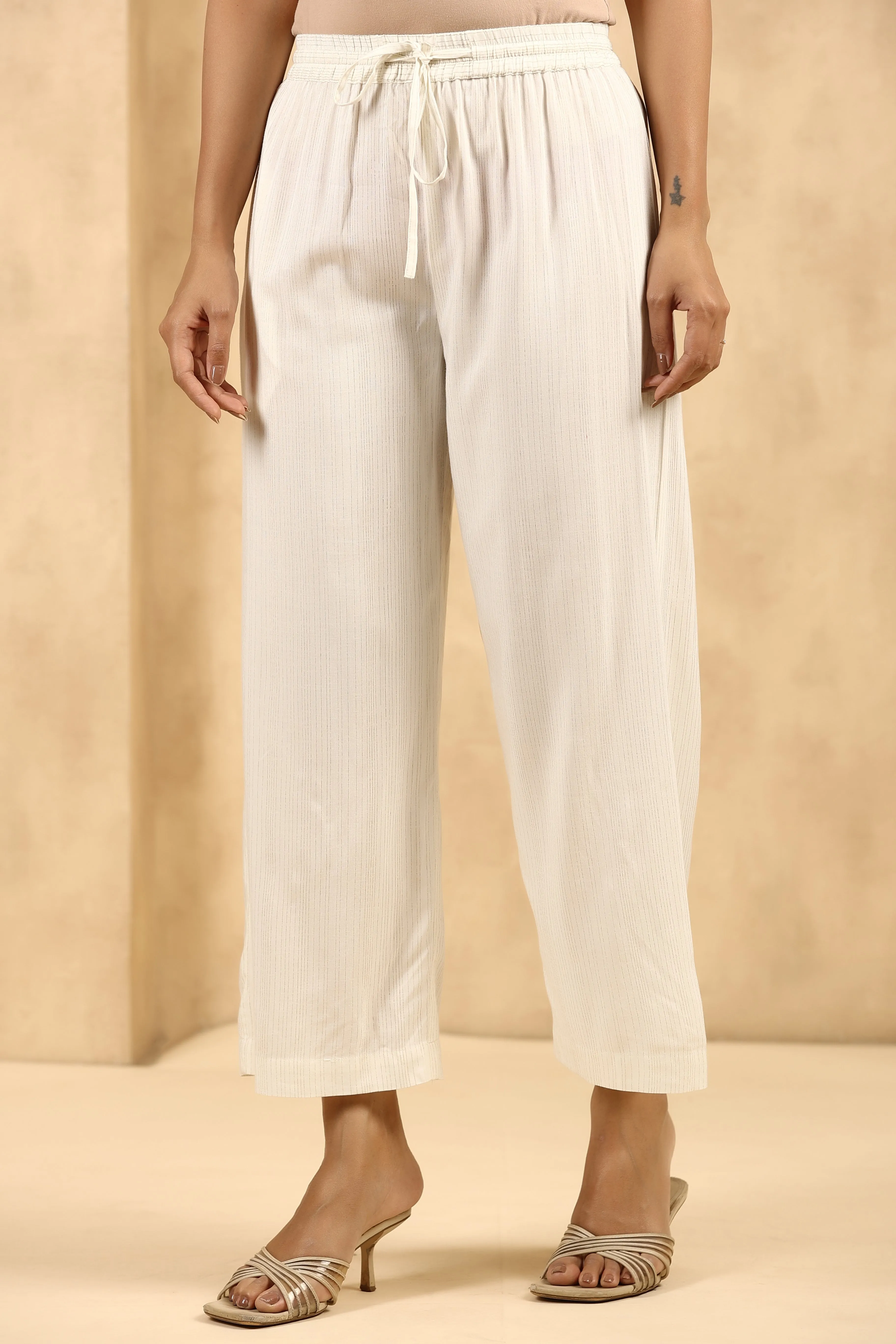 Juniper Off-White Rayon Solid Wide Leg Palazzo With drawstring and elasticated waistband