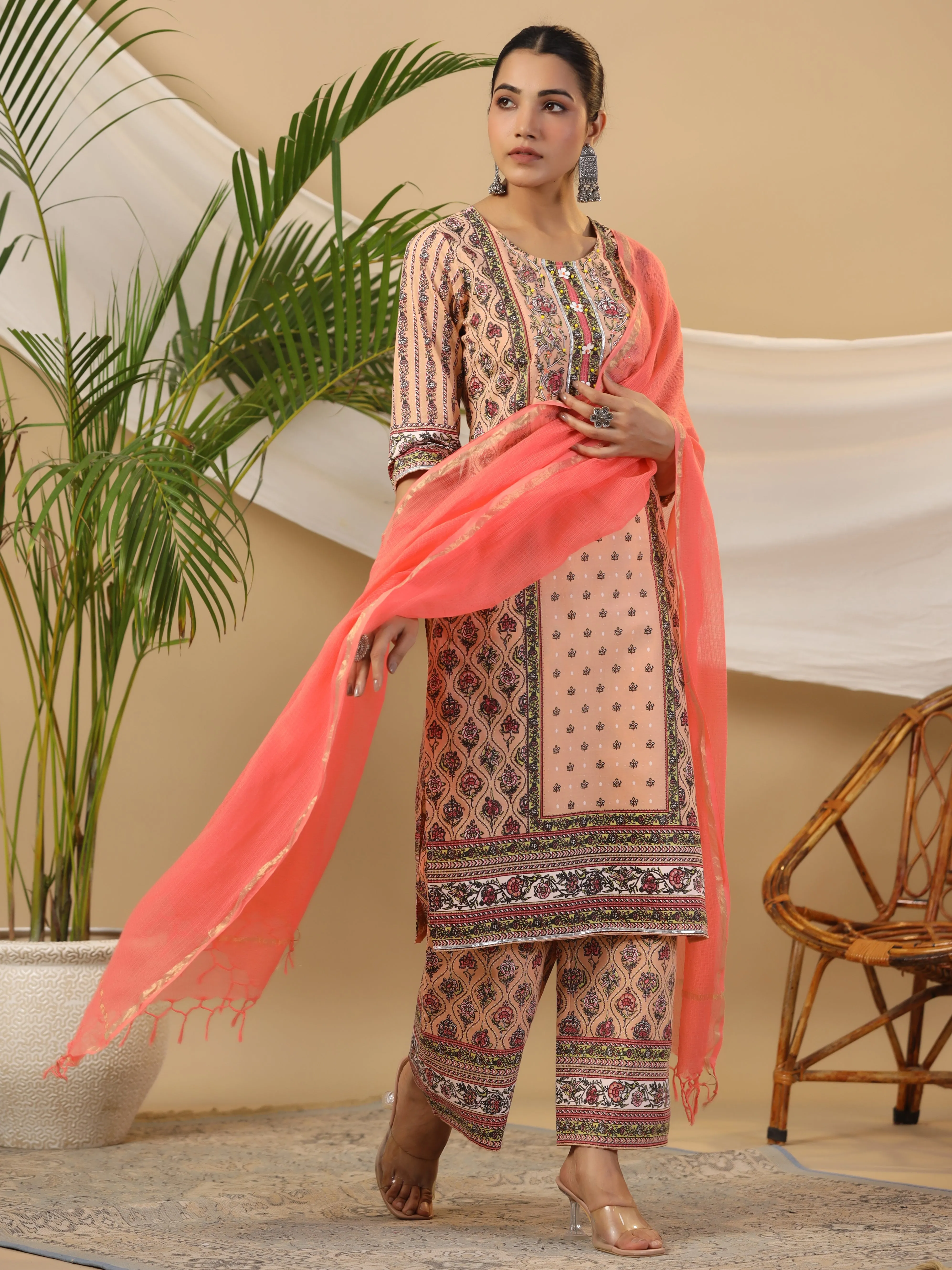 Juniper Peach Ethnic Motif Printed Pure Cotton Kurta Palazzos & Kota Doria Dupatta With Beads & Sequins