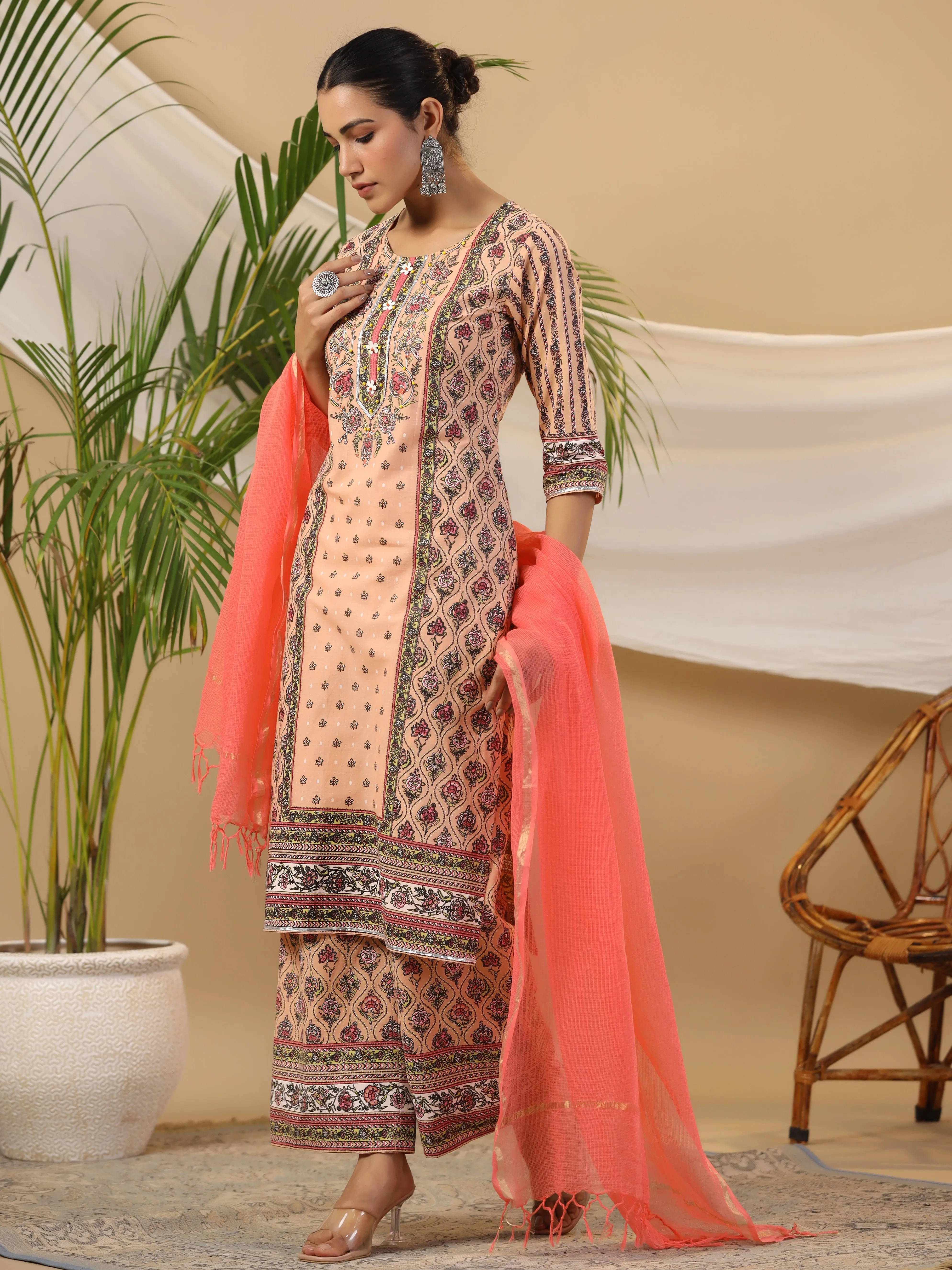 Juniper Peach Ethnic Motif Printed Pure Cotton Kurta Palazzos & Kota Doria Dupatta With Beads & Sequins