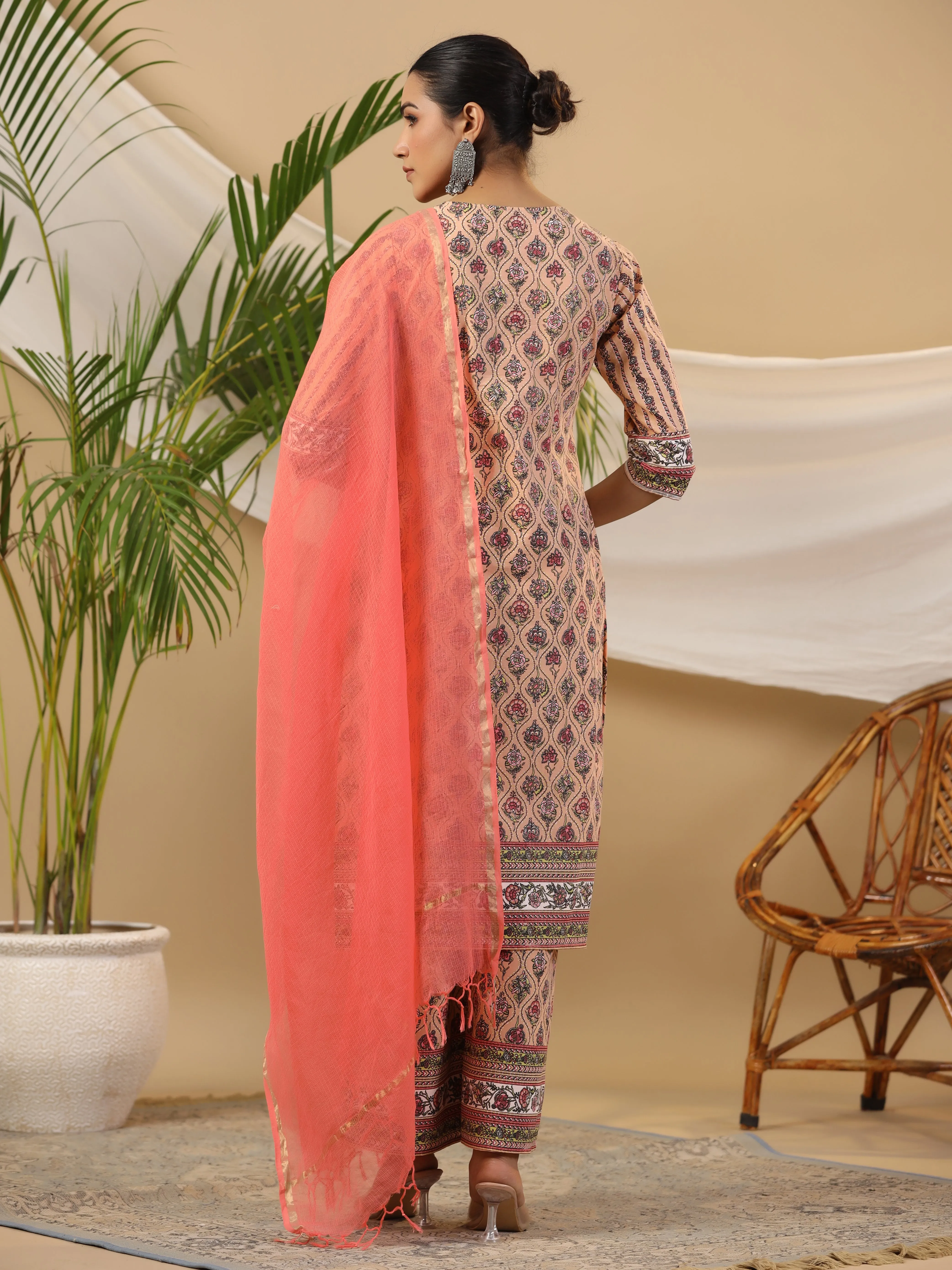 Juniper Peach Ethnic Motif Printed Pure Cotton Kurta Palazzos & Kota Doria Dupatta With Beads & Sequins