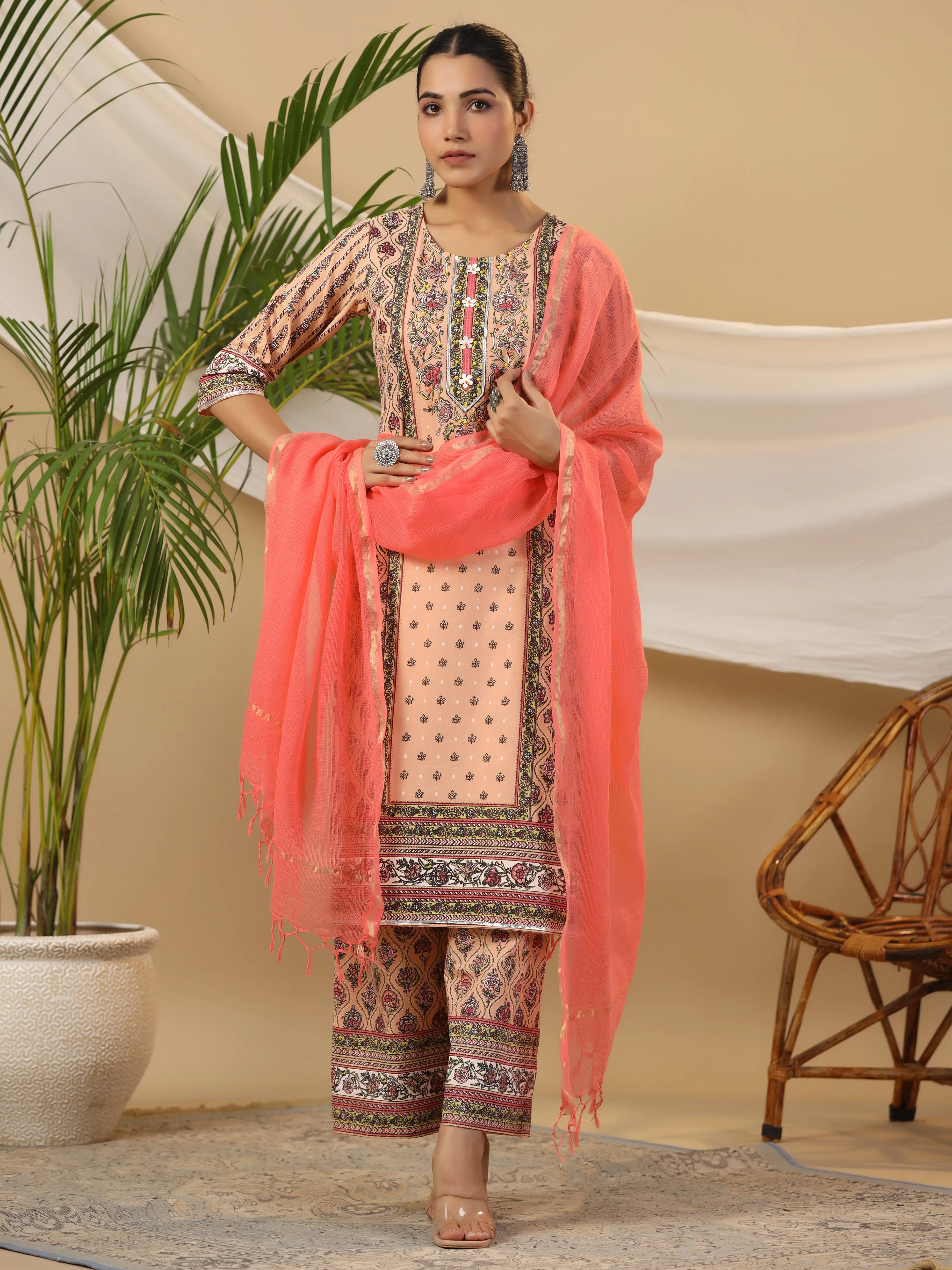 Juniper Peach Ethnic Motif Printed Pure Cotton Kurta Palazzos & Kota Doria Dupatta With Beads & Sequins