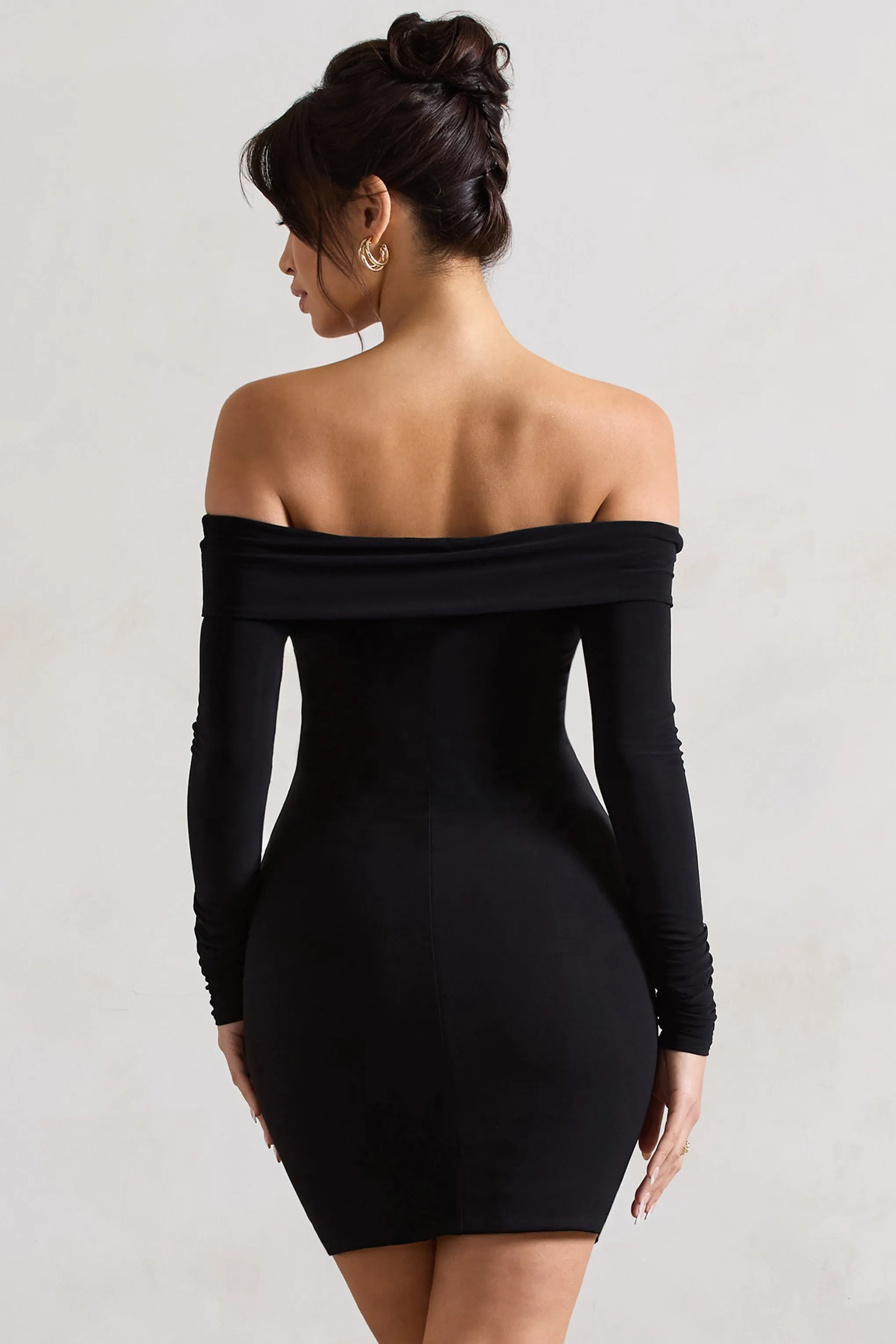 Leola | Black Ruched Bodycon Bardot Long Sleeve Mini Dress