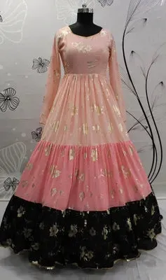 Lovely Peach, Pink & Black Color Georgette Fabric Full Sleeves Gown With Metallic Foil Work