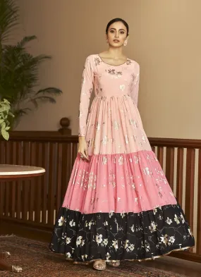 Lovely Peach, Pink & Black Color Georgette Fabric Full Sleeves Gown With Metallic Foil Work