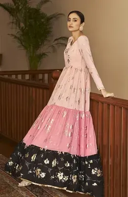 Lovely Peach, Pink & Black Color Georgette Fabric Full Sleeves Gown With Metallic Foil Work