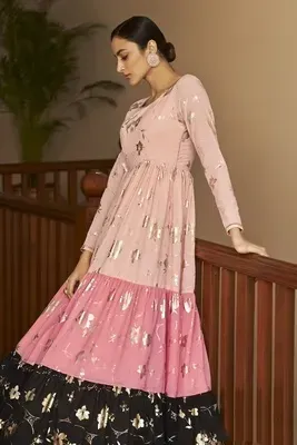 Lovely Peach, Pink & Black Color Georgette Fabric Full Sleeves Gown With Metallic Foil Work