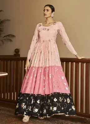 Lovely Peach, Pink & Black Color Georgette Fabric Full Sleeves Gown With Metallic Foil Work