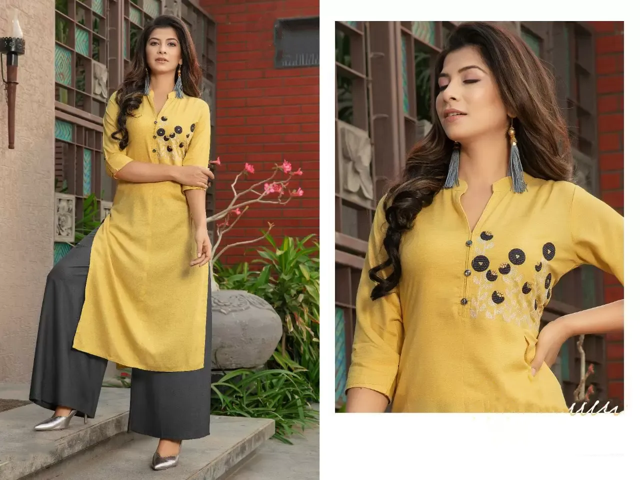 Lovely Yellow Slub Rayon Kurti With Matching Grey Palazzo Pants