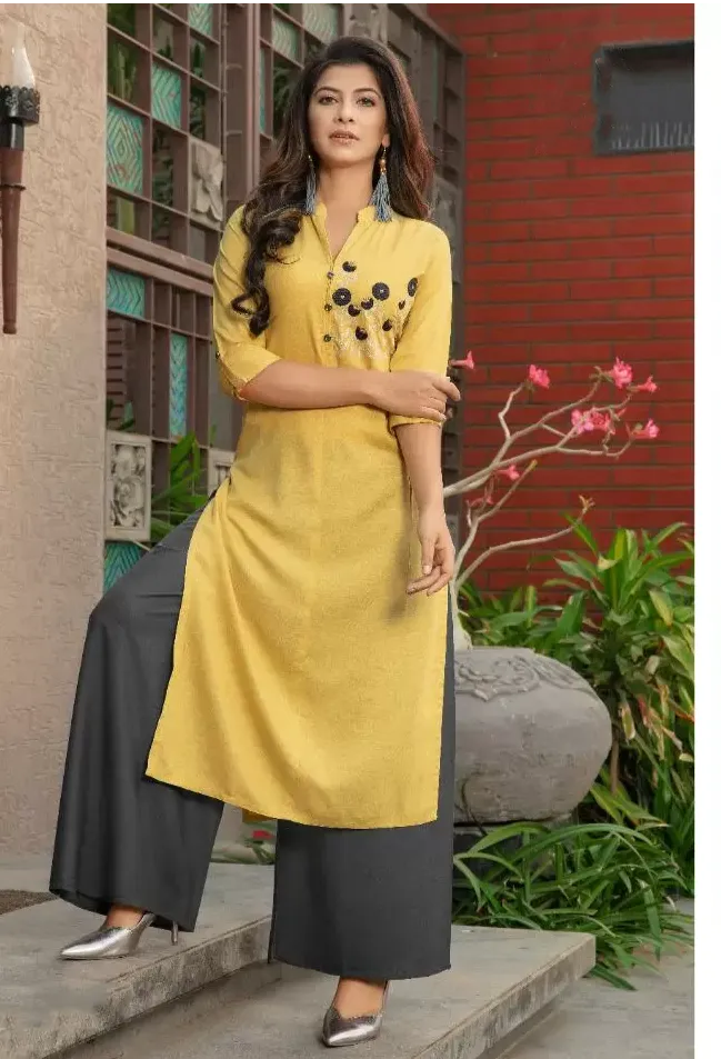 Lovely Yellow Slub Rayon Kurti With Matching Grey Palazzo Pants