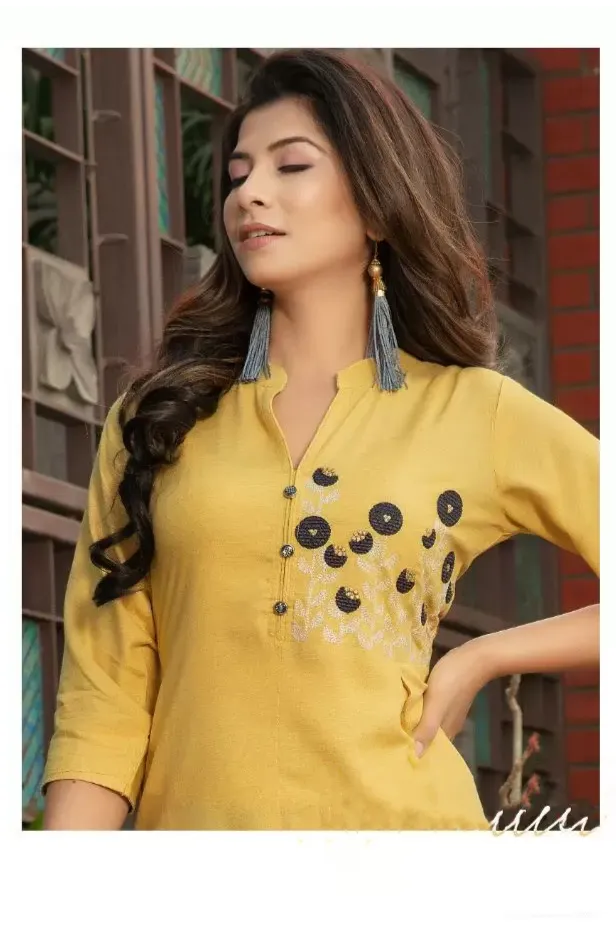 Lovely Yellow Slub Rayon Kurti With Matching Grey Palazzo Pants