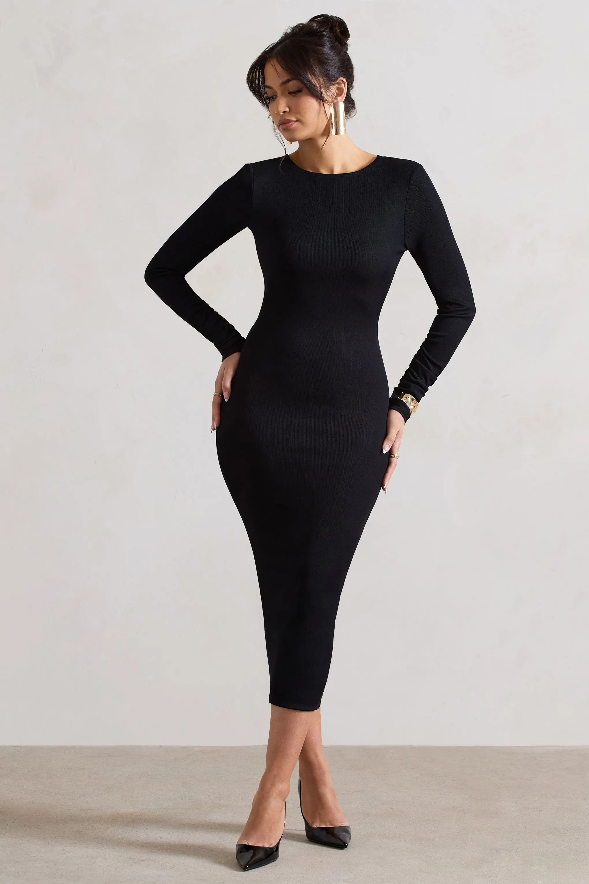 Madden | Black Rib Knit Cowl-Back Midi Dress