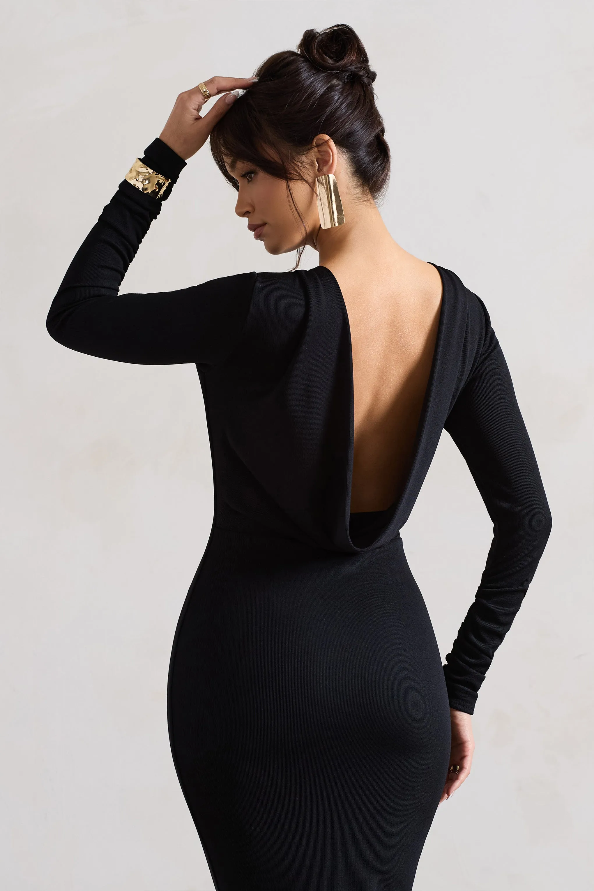 Madden | Black Rib Knit Cowl-Back Midi Dress