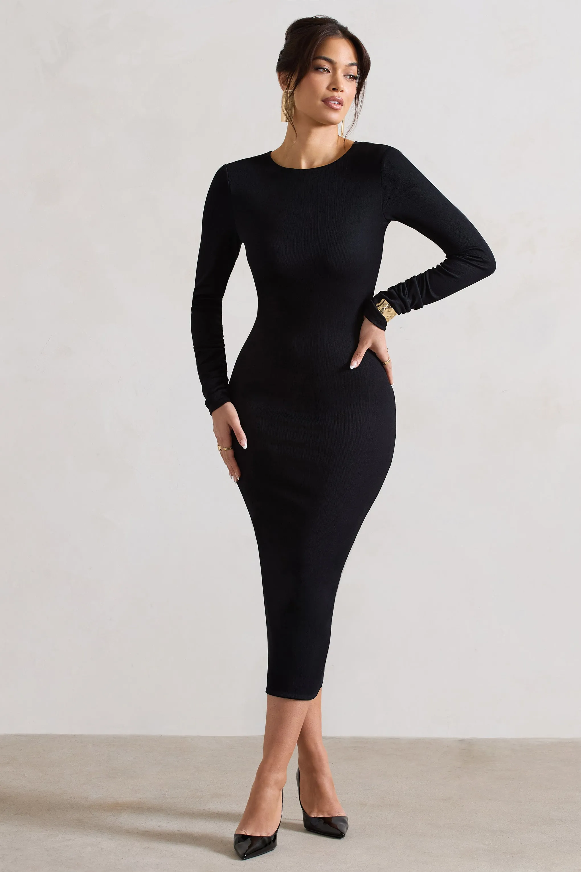 Madden | Black Rib Knit Cowl-Back Midi Dress