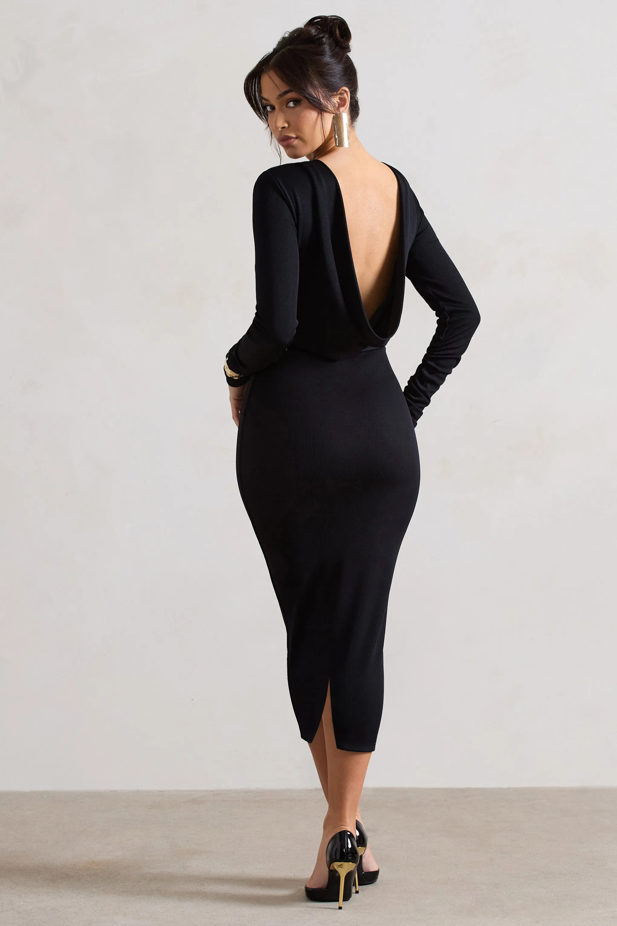 Madden | Black Rib Knit Cowl-Back Midi Dress