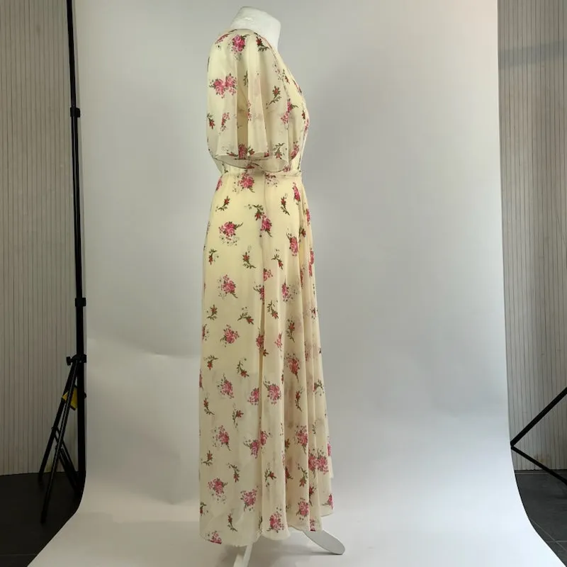 Maje Vanilla Rose Print Chiffon Cap Sleeve Maxi Dress S