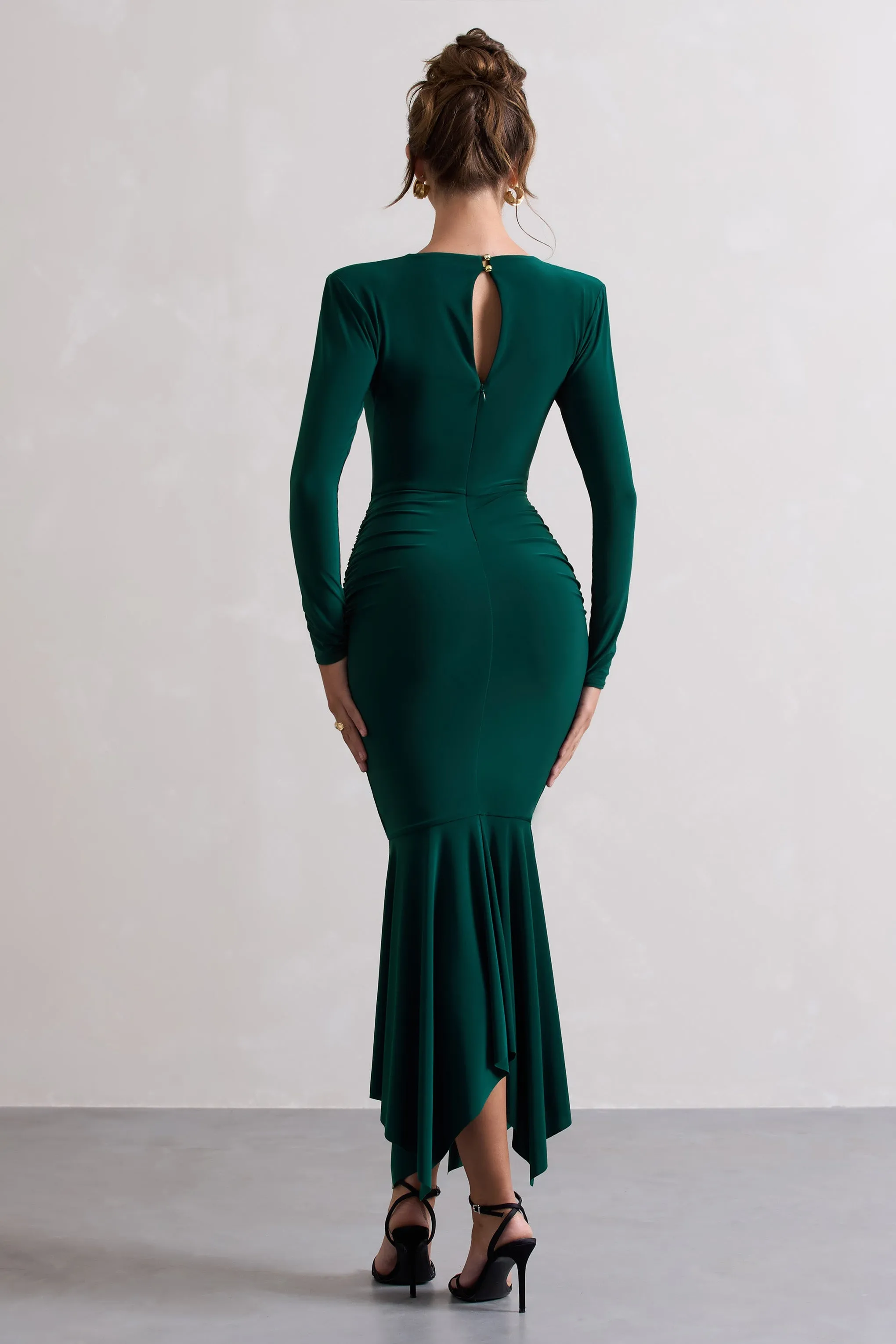 Milena | Bottle Green Plunge-Neck Maxi Dress With Draped Hem