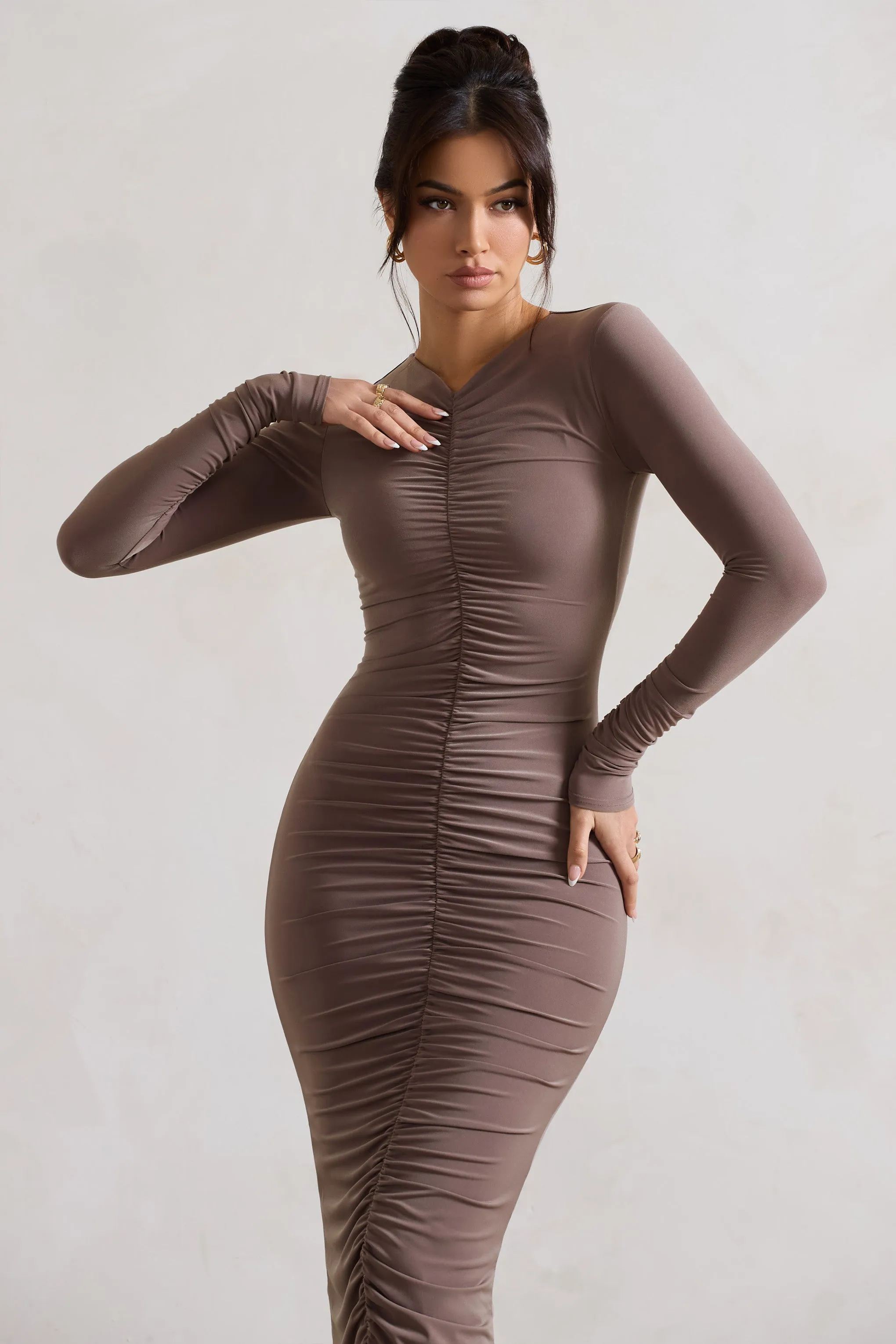 Monique | Mocha Ruched Bodycon Midi Dress