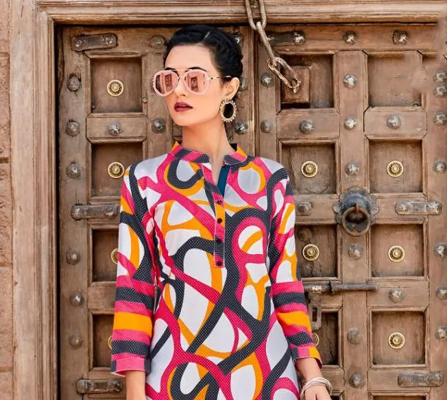 Multi-Colored Mandarin Neck Cotton Kurti