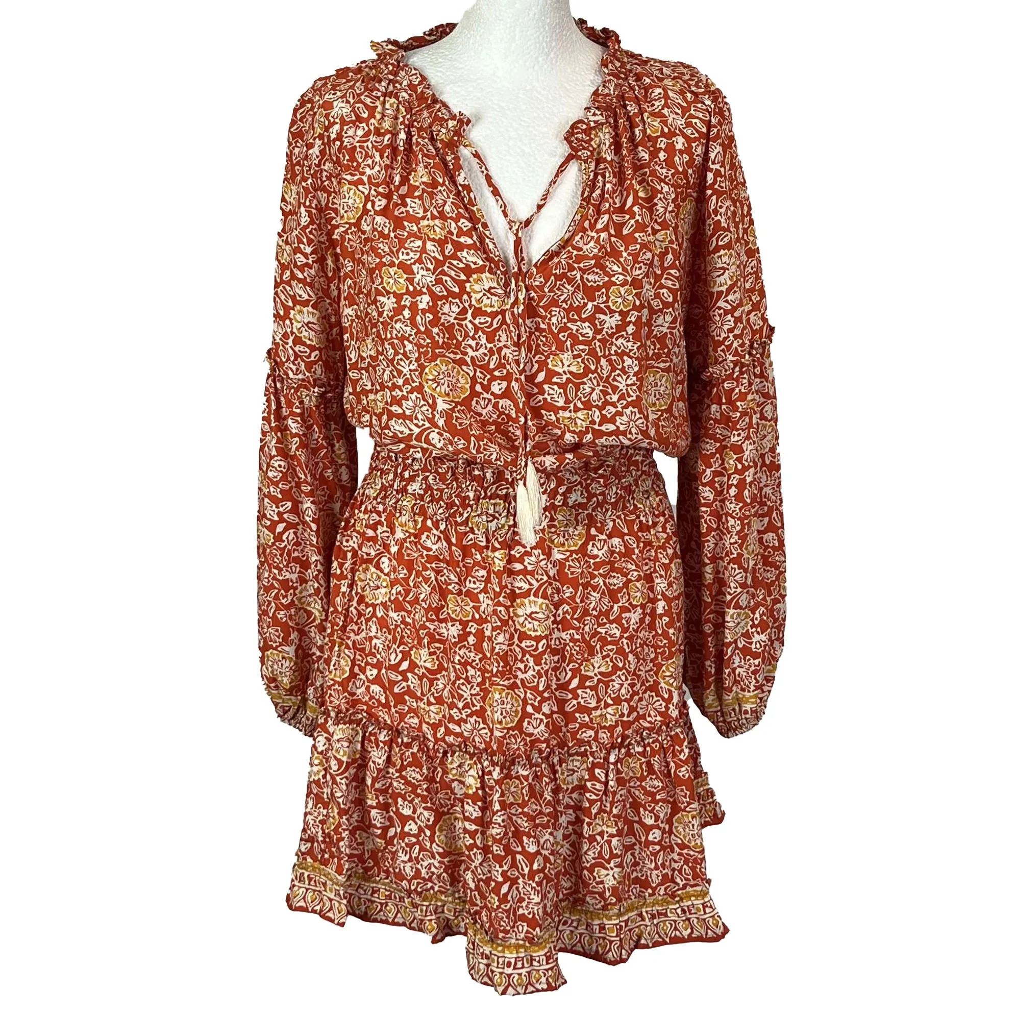 Natalie Martin Brand New Burnt Orange Floral Print Silk Midi Dress M