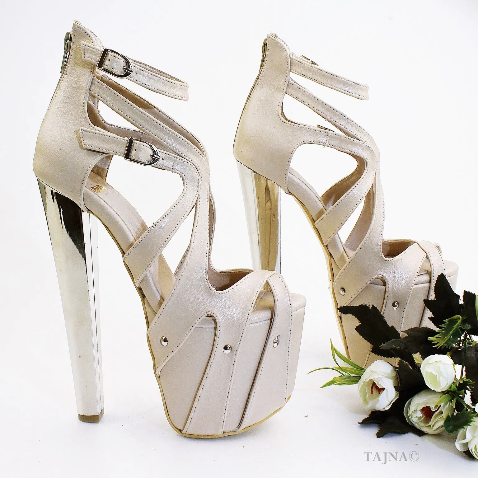 Nude Cream Cross Cage High Heel Platforms 19 cm