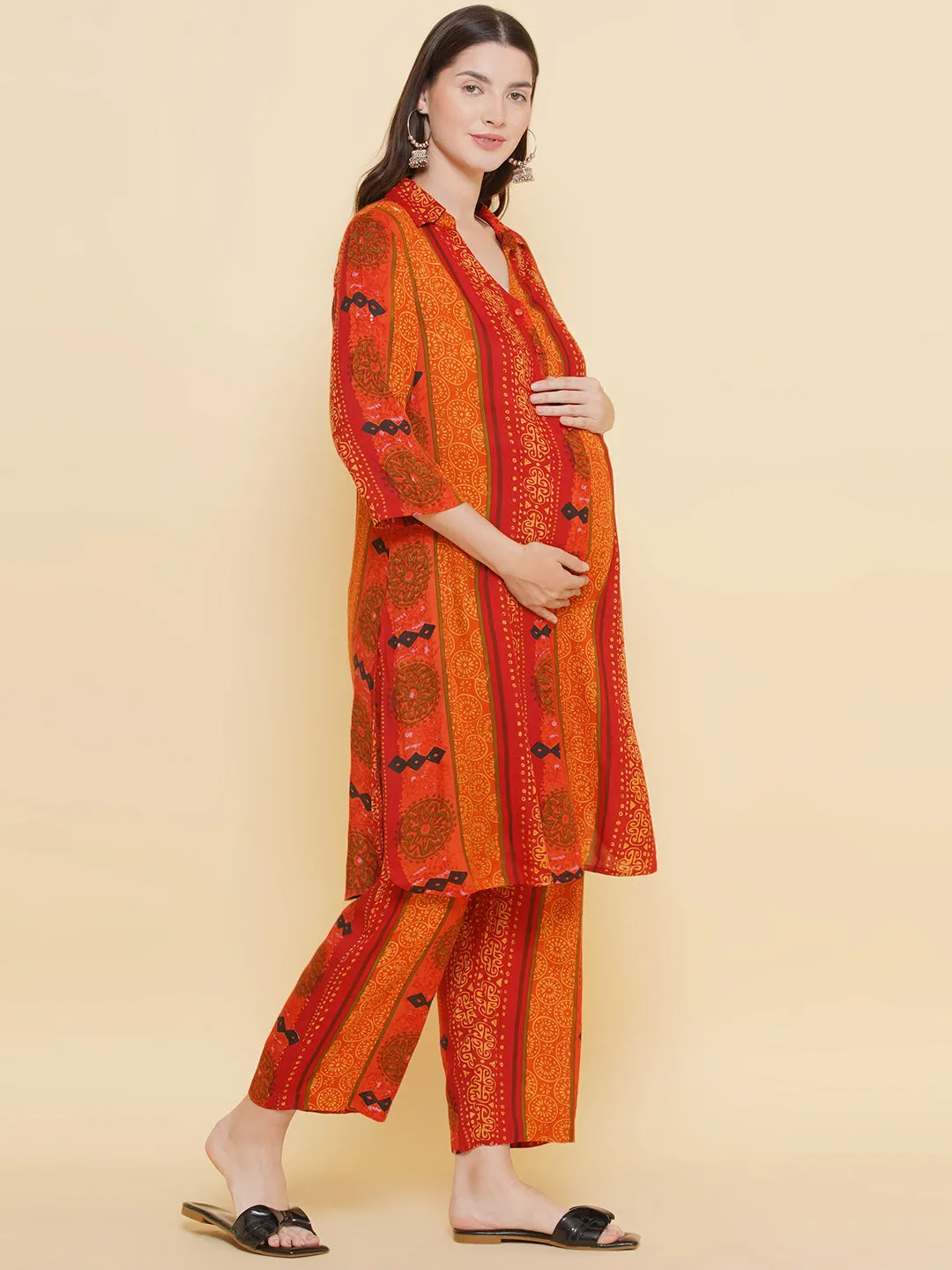 Orange Stripe Print Shirt Collar Maternity & Nursing Kurta Set