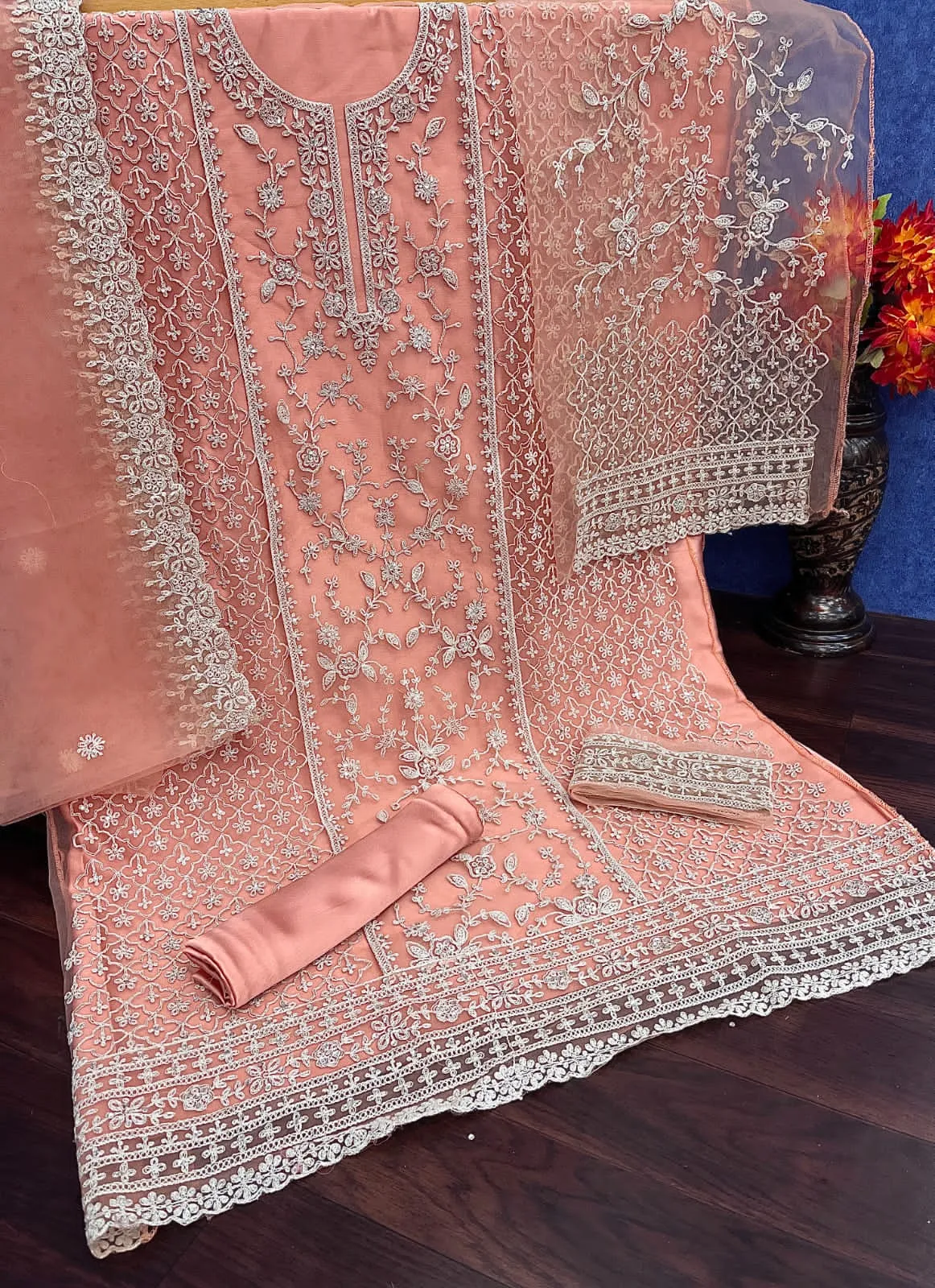 Peach Embroidered Net Beautiful Palazzo Suit