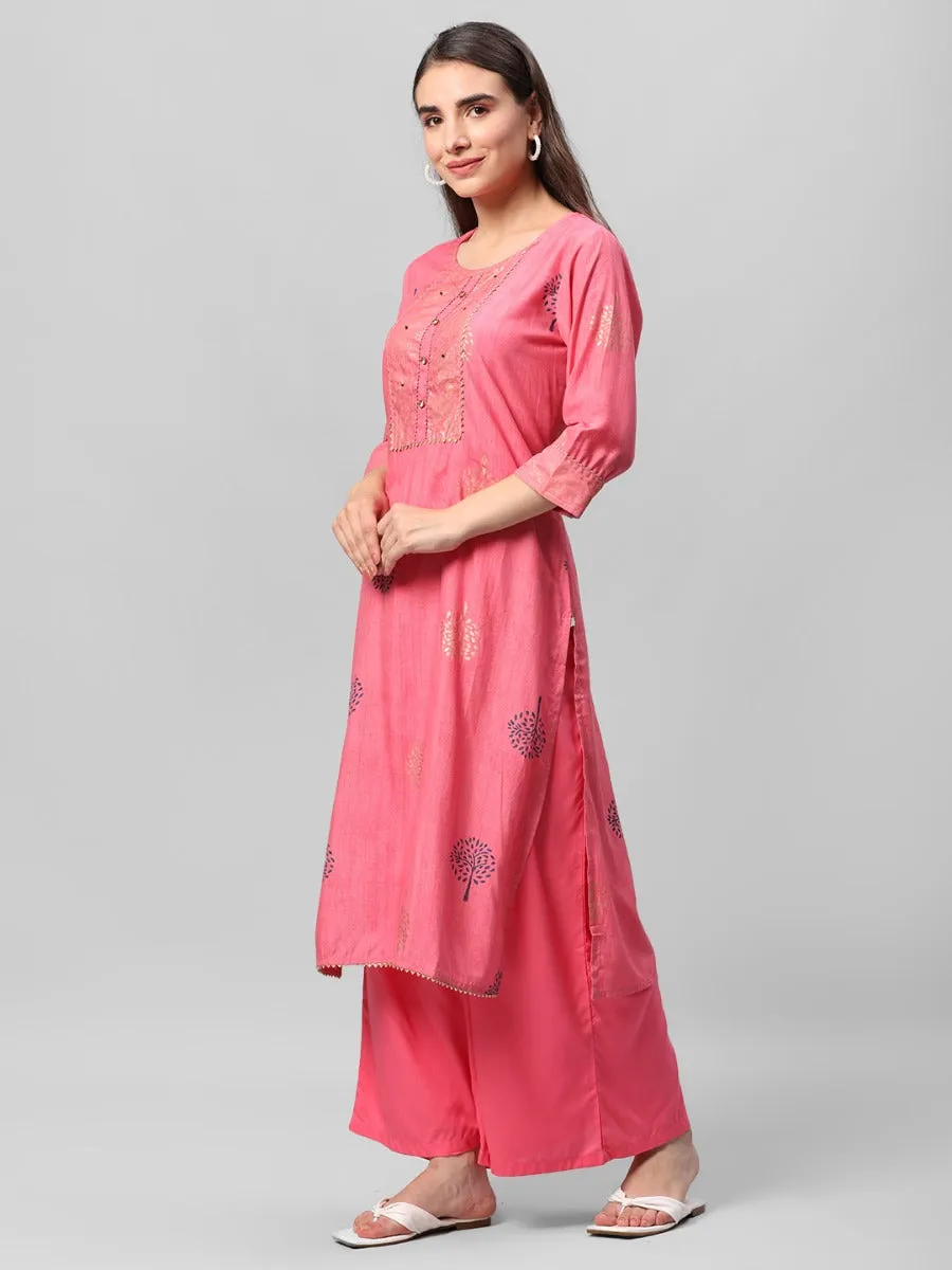 Pink Ornamental Printed Kurta Palazzo Dupatta