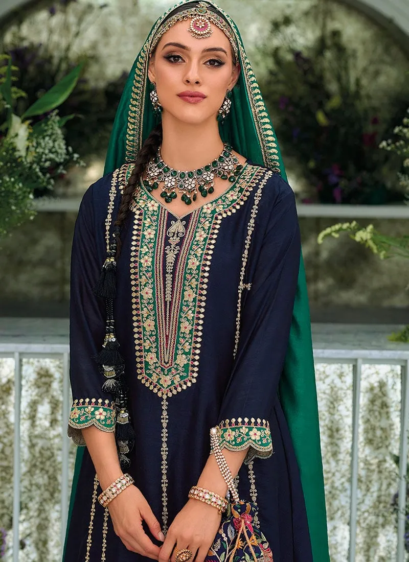 Pleasing Blue Color Premium Silk Embroidery Kurti With Dupatta